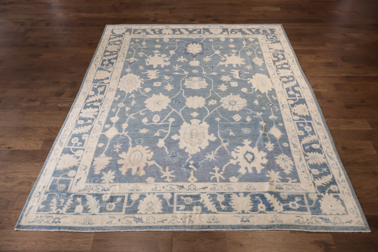 Classic Blue Floral Grey Oriental Oushak Rug with Ornate Border for Luxurious Interiors 9x12