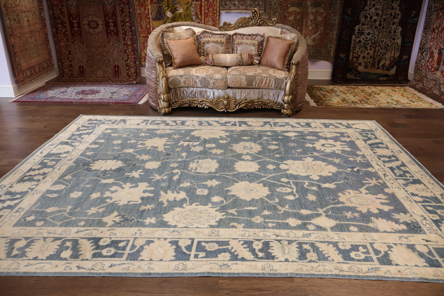 Classic Blue Floral Grey Oriental Oushak Rug with Ornate Border for Luxurious Interiors 9x12