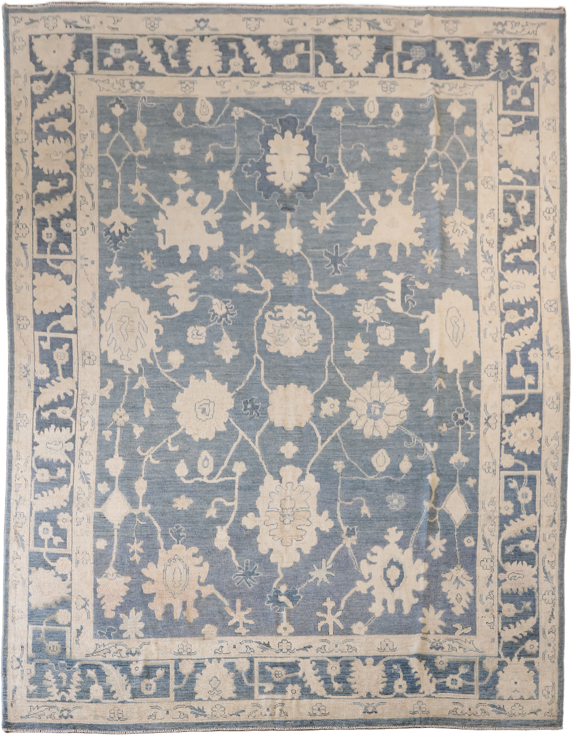 Classic Blue Floral Grey Oriental Oushak Rug with Ornate Border for Luxurious Interiors 9x12