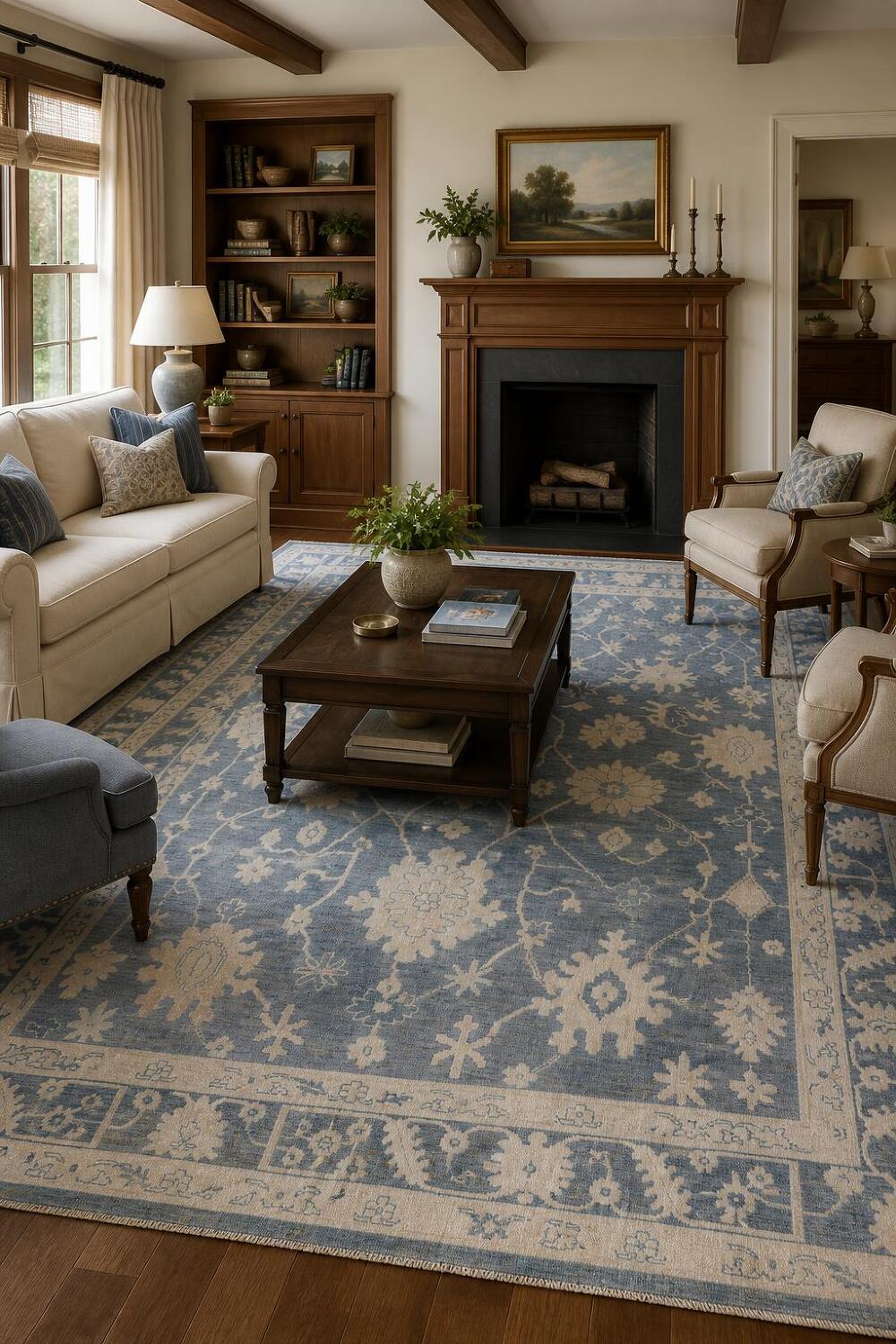 Classic Blue Floral Grey Oriental Oushak Rug with Ornate Border for Luxurious Interiors 9x12
