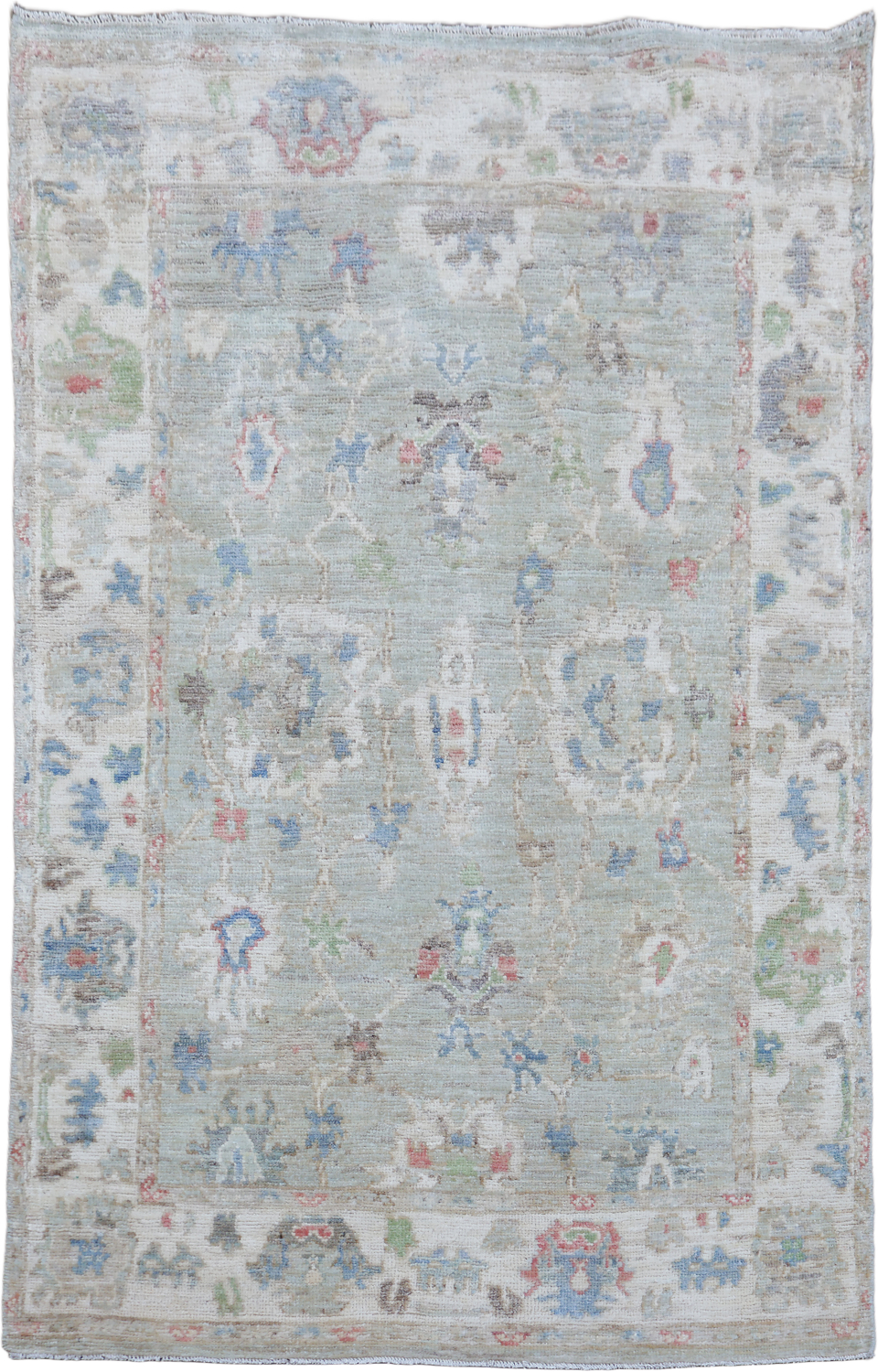Muted Green All Over Traditional Oushak Oriental Wool Rug 4x6