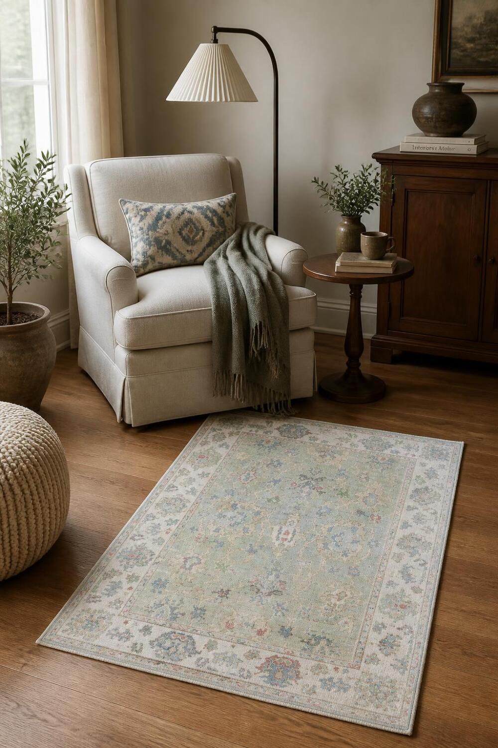 Muted Green All Over Traditional Oushak Oriental Wool Rug 4x6
