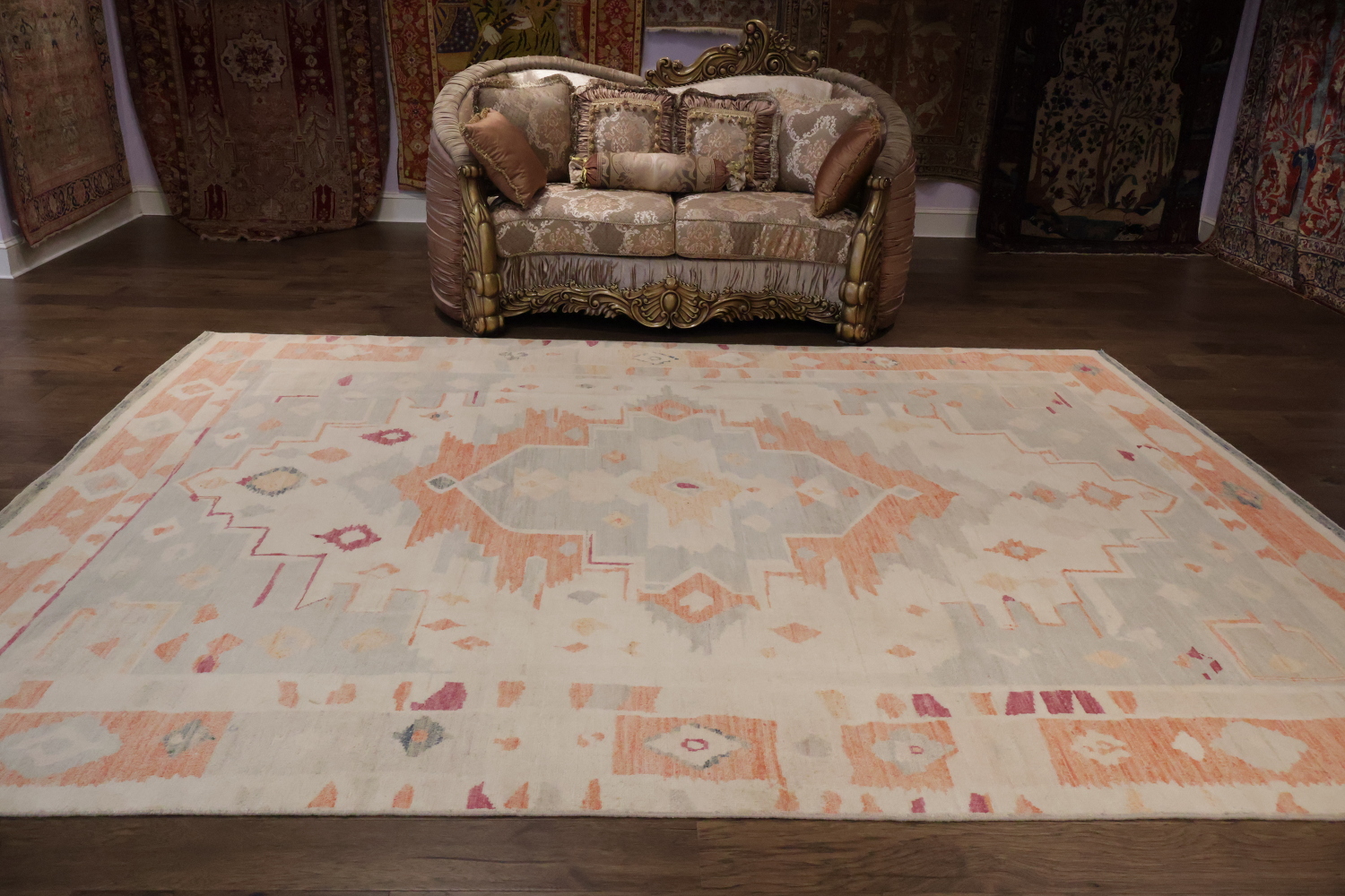 Muted Decorative Ivory Traditional Oushak Geometric Wool Area Rug 9x12