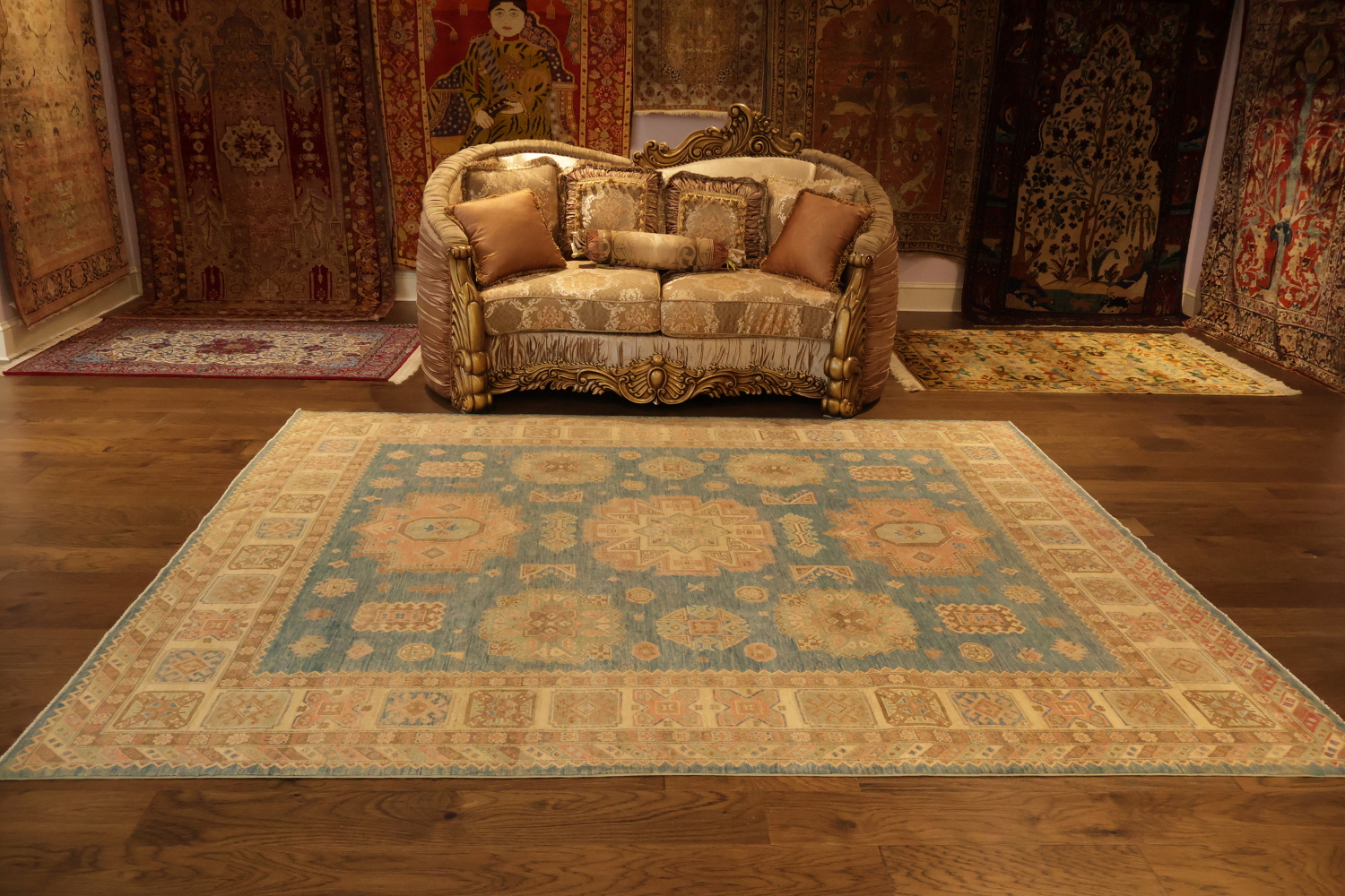Elegant Persian-inspired rug in muted blue and beige tones for classic decor 8x10