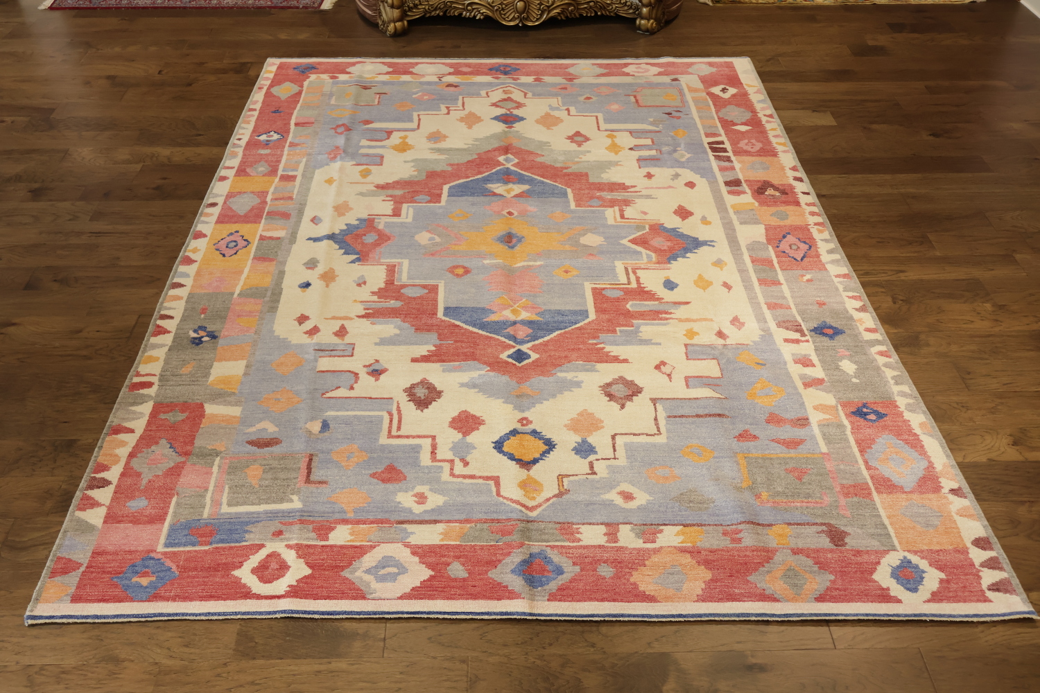 Rare! Colorful Oriental-Inspired Ivory Geometric Wool Oushak Rug  9x12