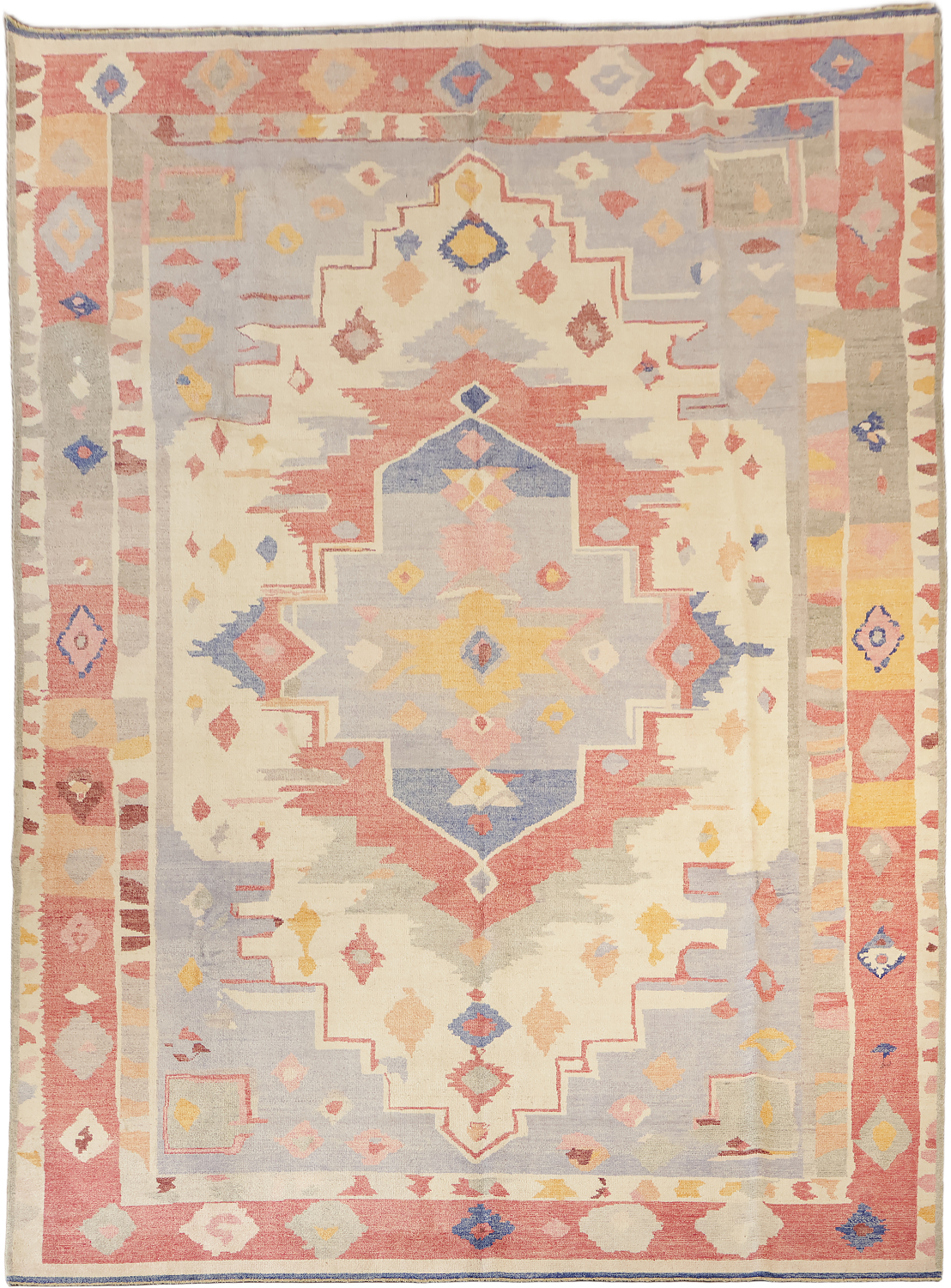 Rare! Colorful Oriental-Inspired Ivory Geometric Wool Oushak Rug  9x12
