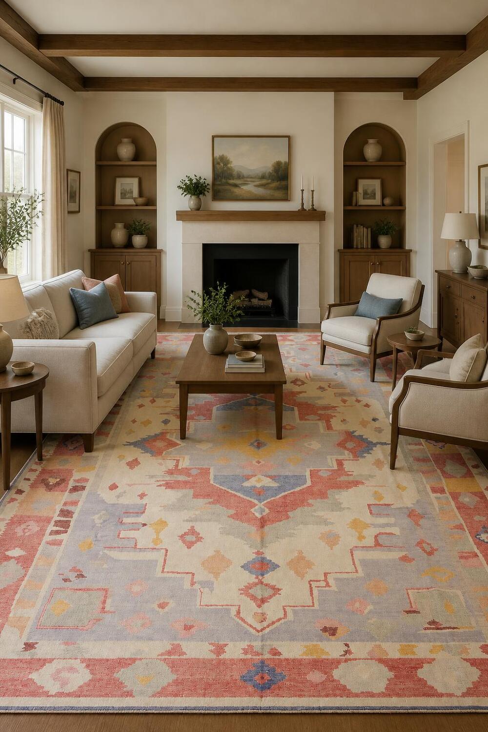 Rare! Colorful Oriental-Inspired Ivory Geometric Wool Oushak Rug  9x12