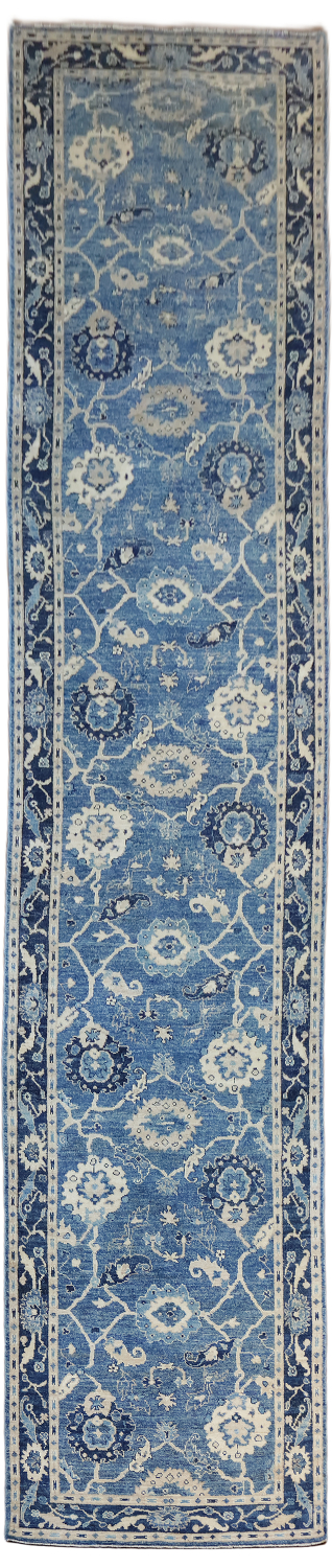 Outstanding! Blue Vegetable Dye Wool Oriental Oushak Turkish Runner Rug 4x19