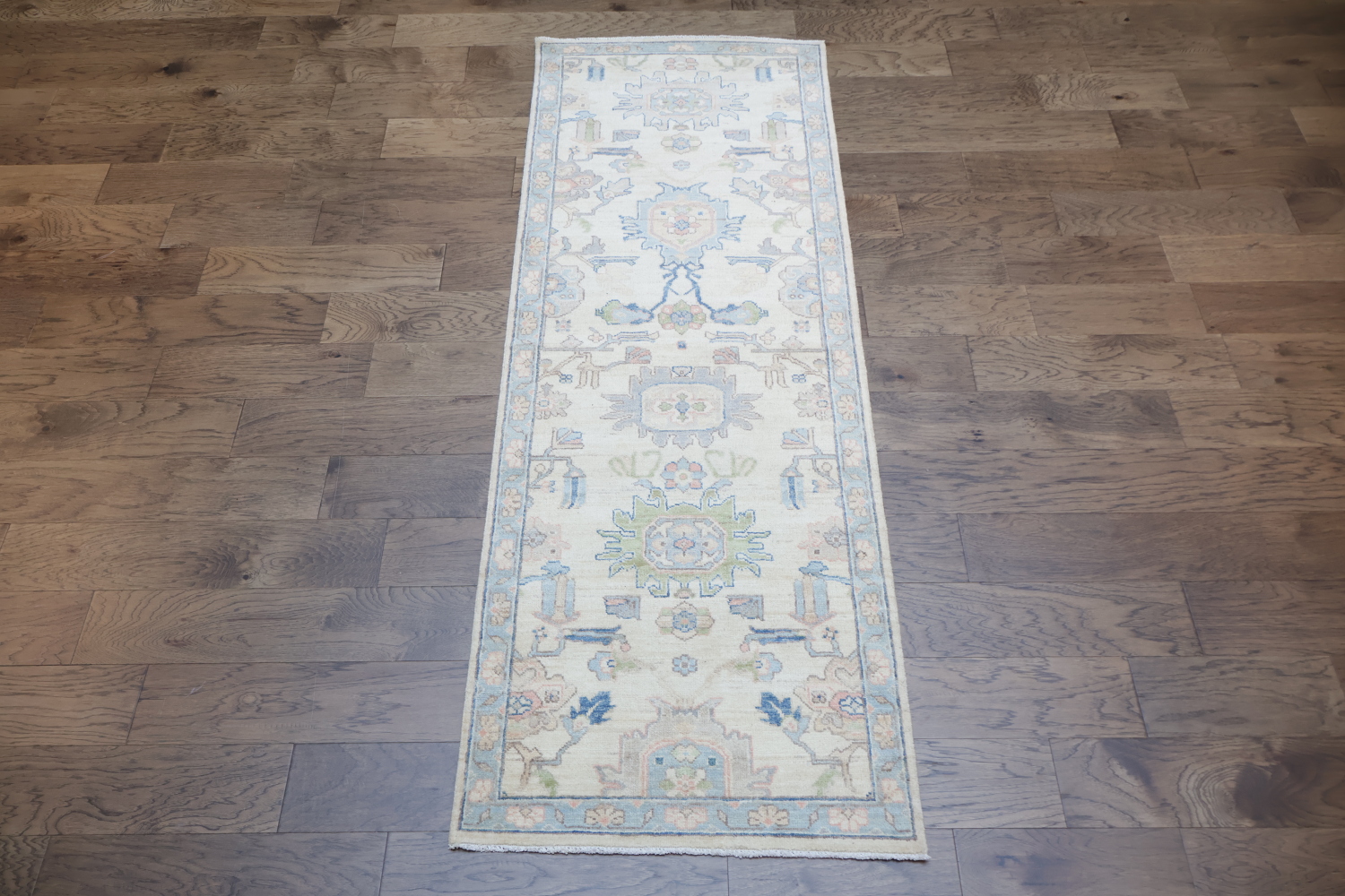 Geometric Avery Vegetable Dye Wool Oushak Turkish Runner Rug 3x8