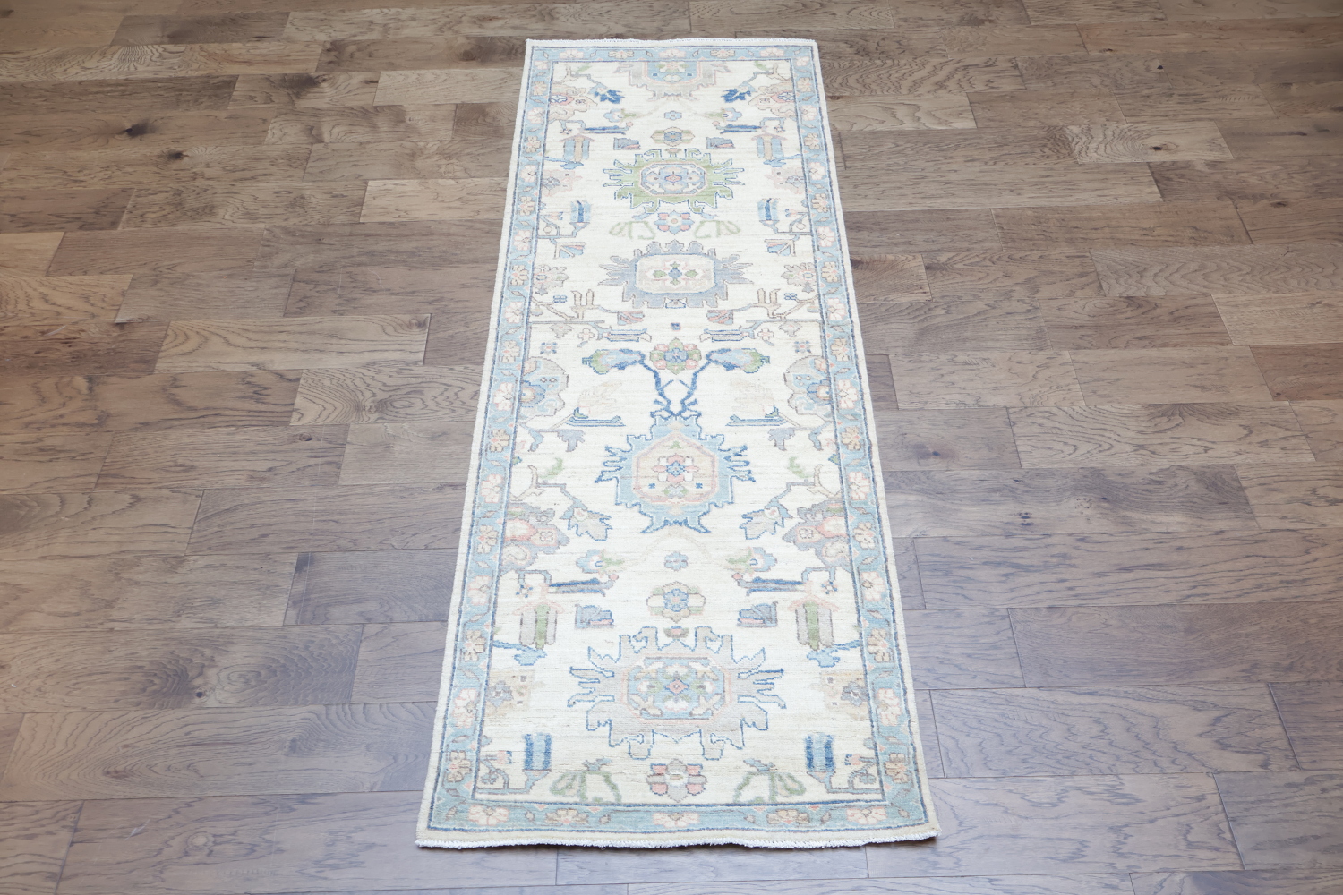 Geometric Avery Vegetable Dye Wool Oushak Turkish Runner Rug 3x8