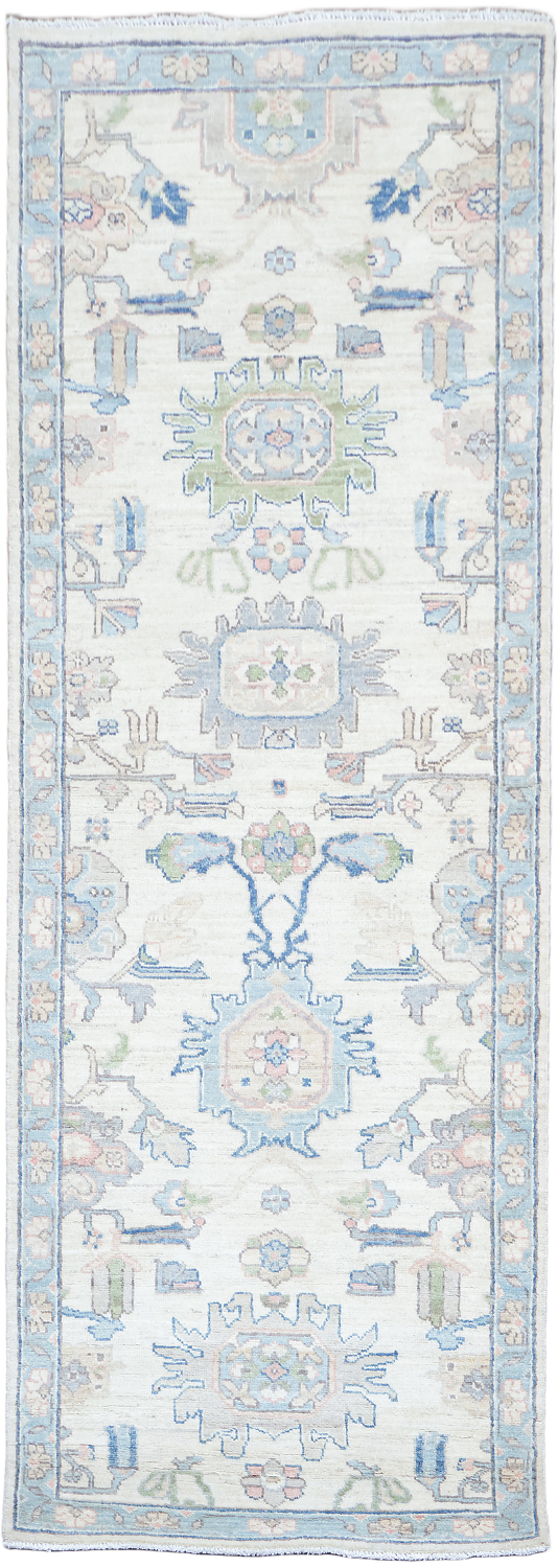 Geometric Avery Vegetable Dye Wool Oushak Turkish Runner Rug 3x8