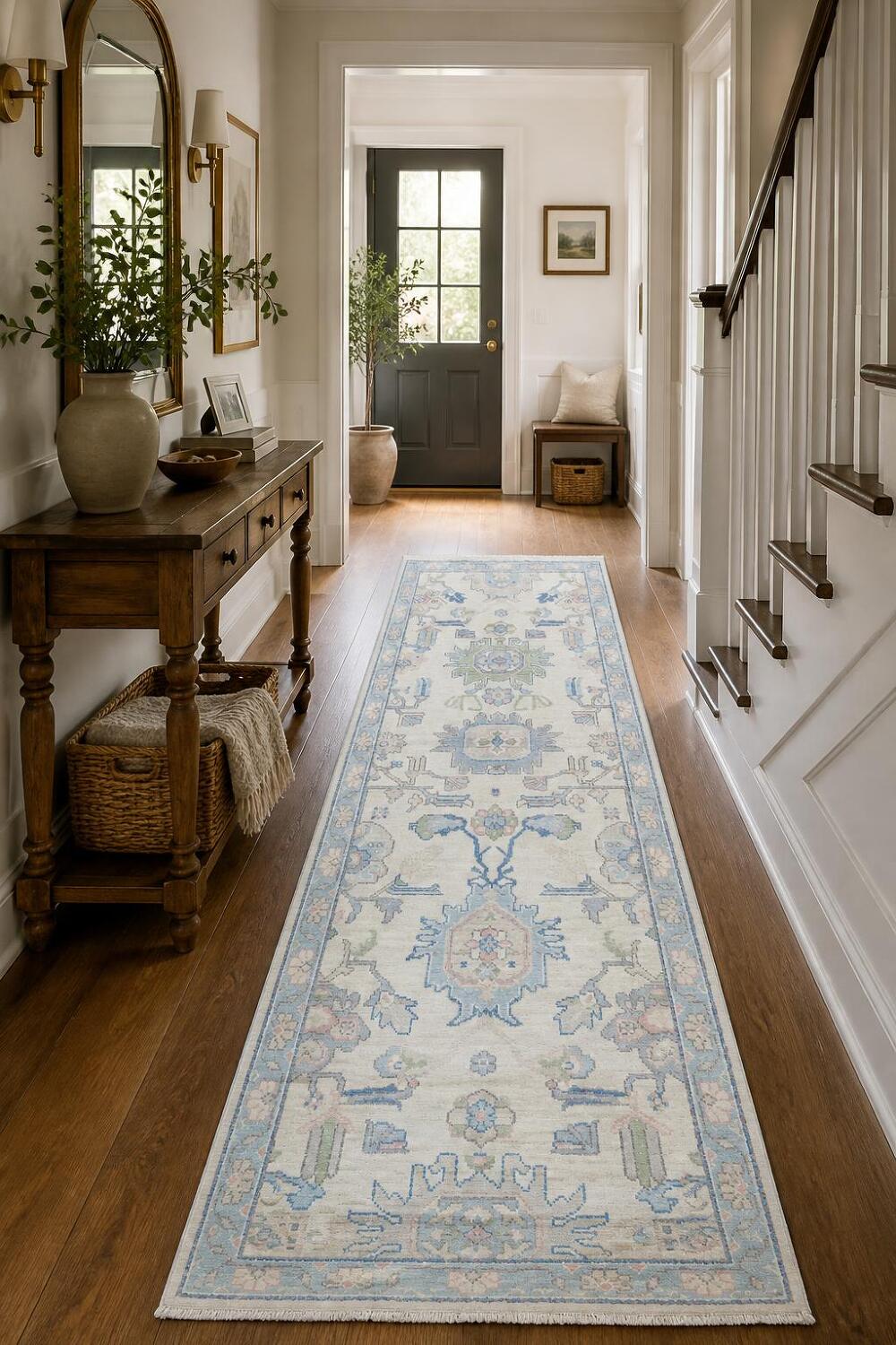 Geometric Avery Vegetable Dye Wool Oushak Turkish Runner Rug 3x8