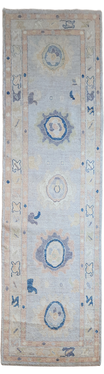 Floral Grey Vegetable Dye Wool Oushak Turkish Runner Rug 3x10