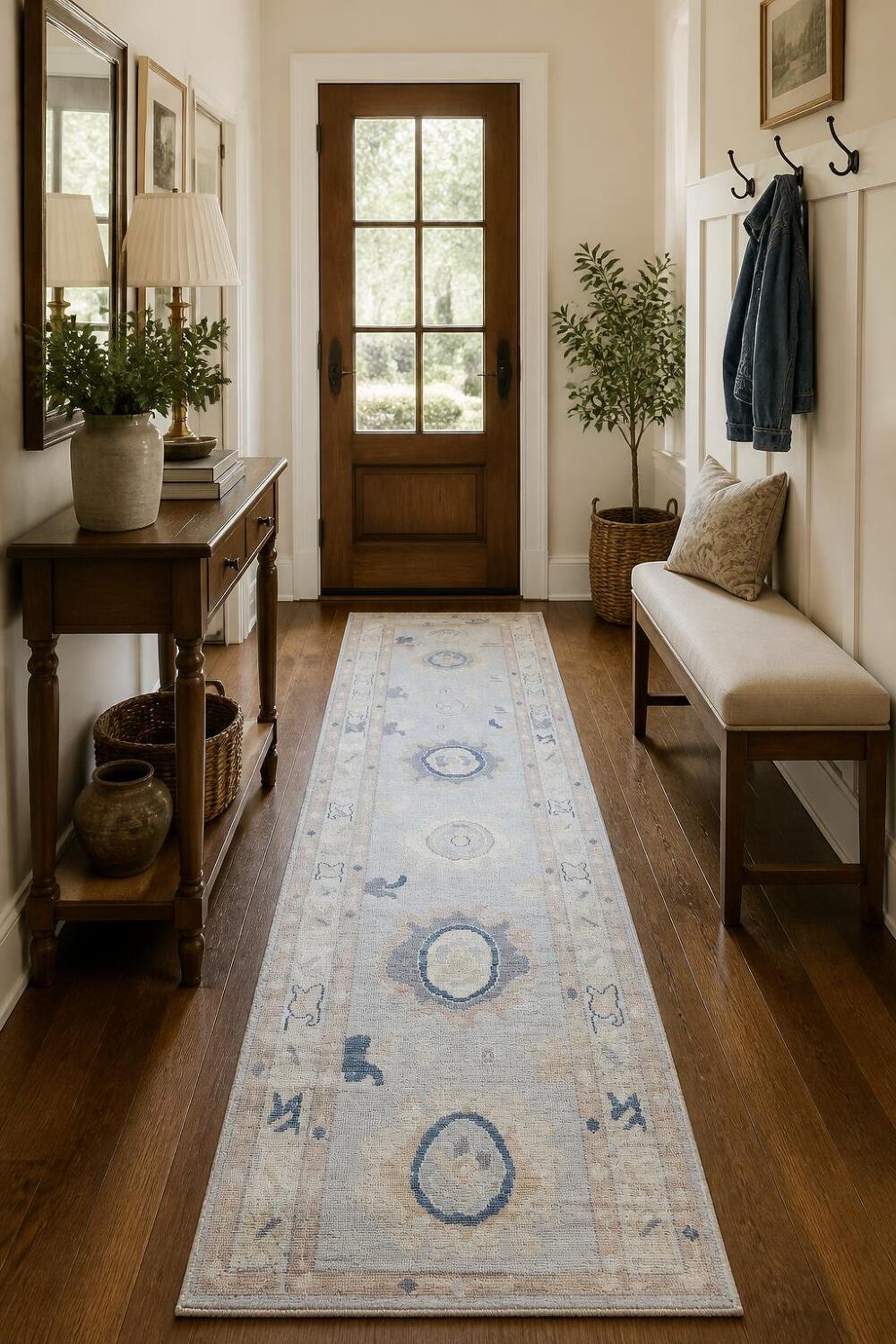 Floral Grey Vegetable Dye Wool Oushak Turkish Runner Rug 3x10