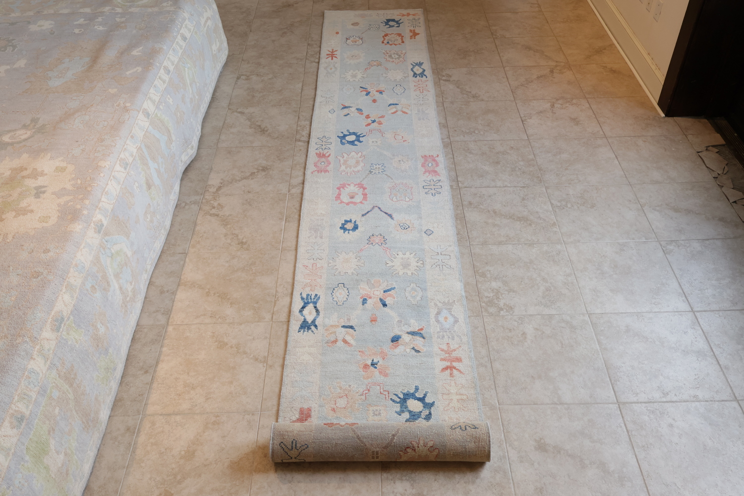 Blue All Over Vegetable Dye Wool Oushak Turkish Runner Rug 3x19