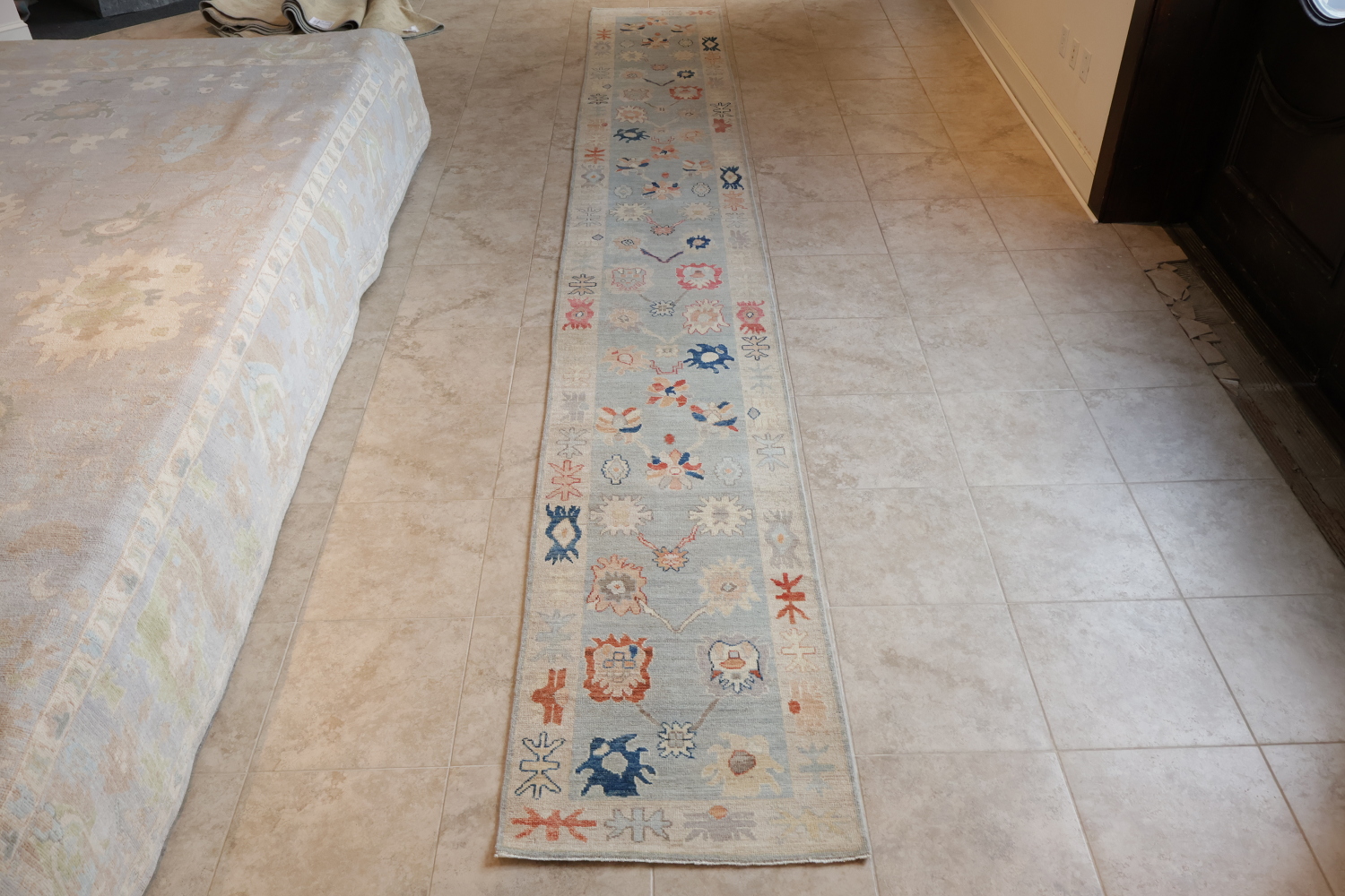 Blue All Over Vegetable Dye Wool Oushak Turkish Runner Rug 3x19