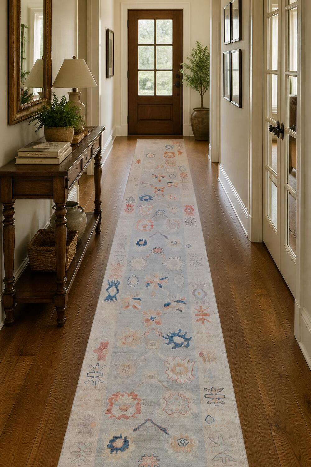Blue All Over Vegetable Dye Wool Oushak Turkish Runner Rug 3x19