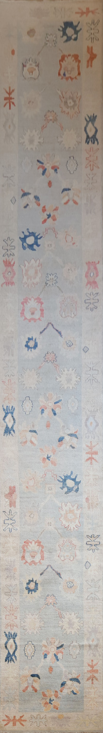 Blue All Over Vegetable Dye Wool Oushak Turkish Runner Rug 3x19
