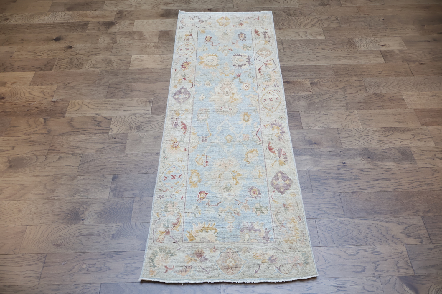 Blue Vegetable Dye Wool Oushak Turkish Runner Rug 3x8
