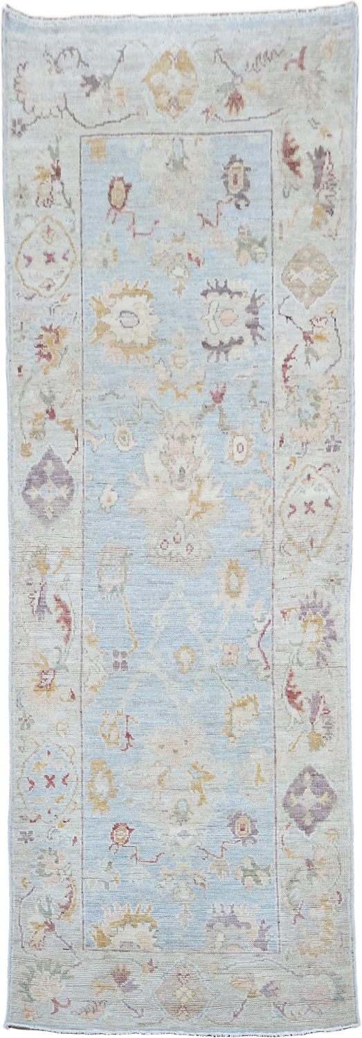 Blue Vegetable Dye Wool Oushak Turkish Runner Rug 3x8