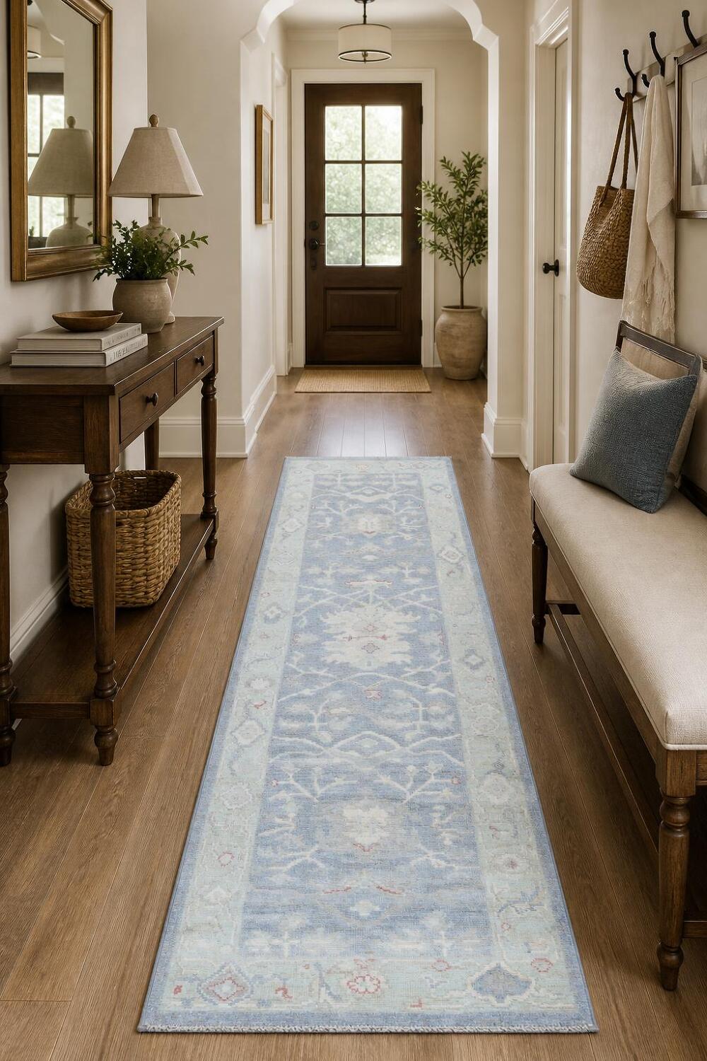 Mute Vegetable Dye Wool Oushak Turkish Runner Rug 3x8