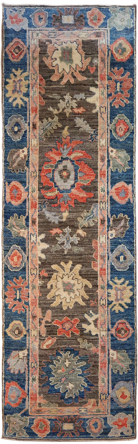 Brown Vegetables Dye Wool Oushak Turkish Runner Rug 3x9