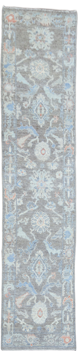 Vegetable Dye Wool Grey Oushak Turkish Runner Rug 3x11