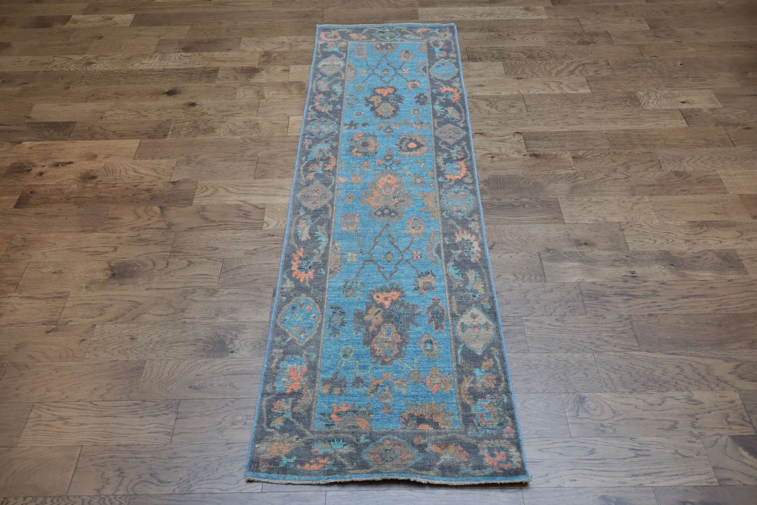 Blue Wool Oushak Turkish Runner Rug 3x10