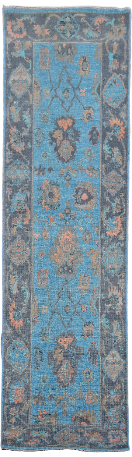 Blue Wool Oushak Turkish Runner Rug 3x10