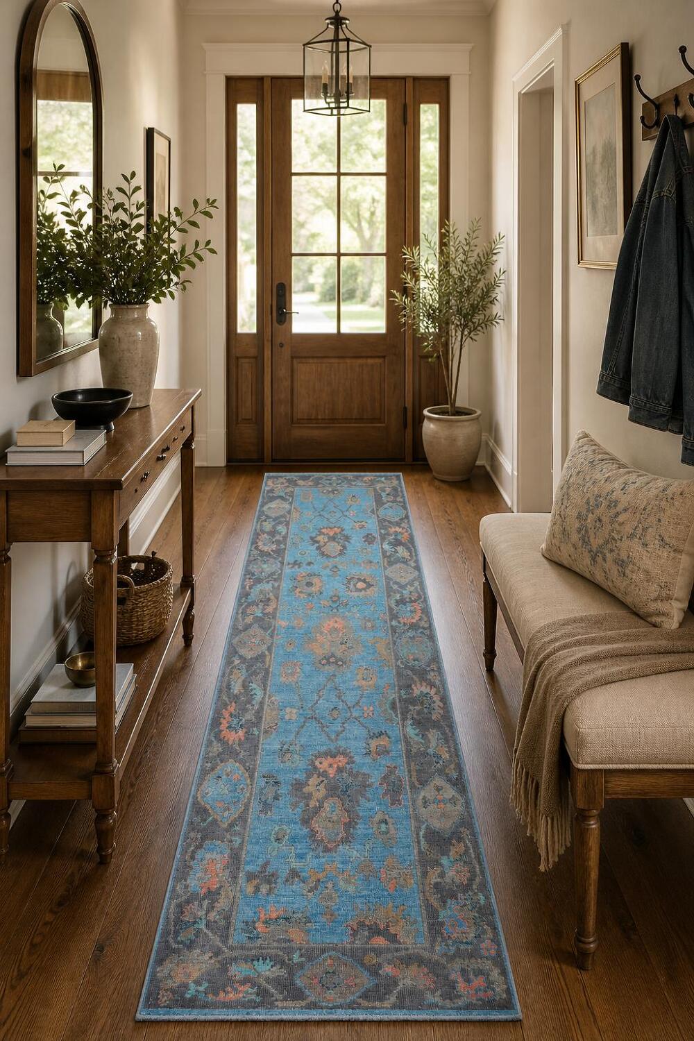 Blue Wool Oushak Turkish Runner Rug 3x10