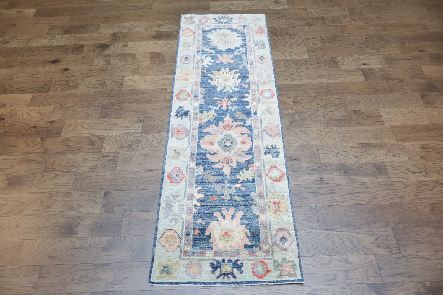Blue Vegetable Dye Wool Oushak Turkish Runner Rug 3x9