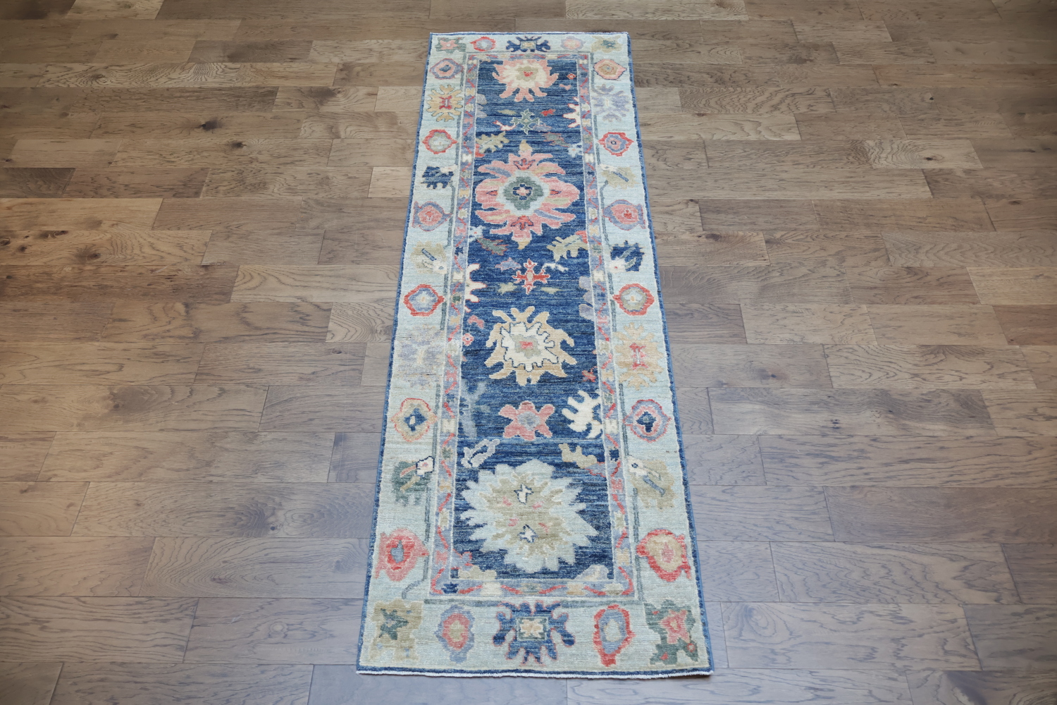 Blue Vegetable Dye Wool Oushak Turkish Runner Rug 3x9