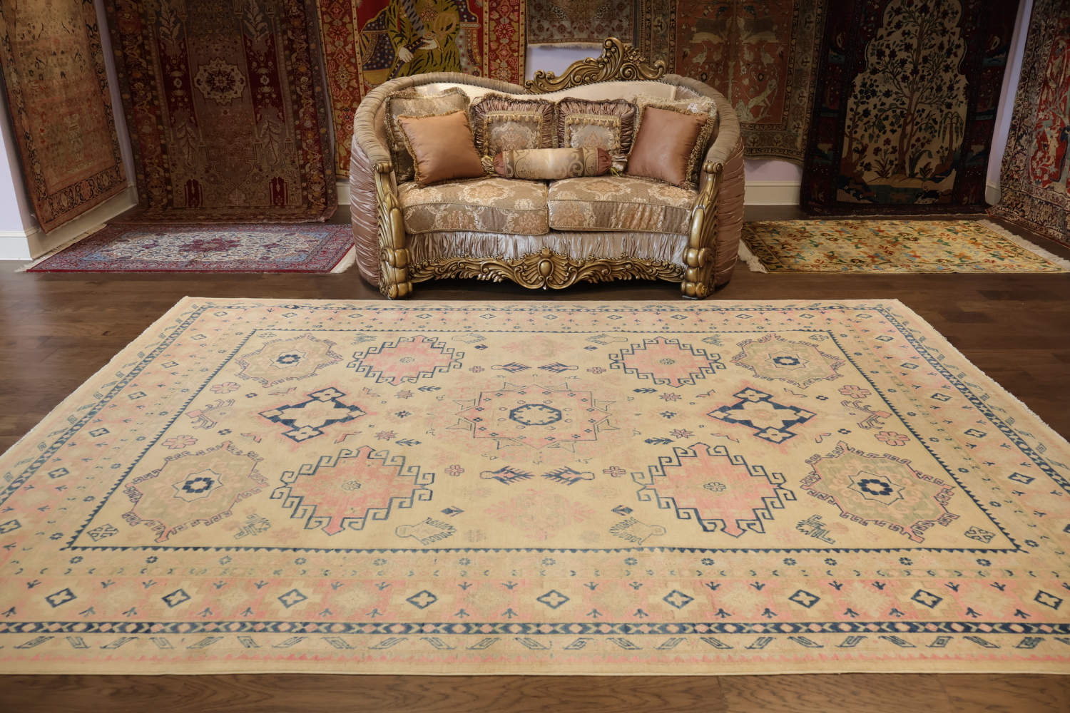 Soft Beige and Pink Geometric Kazak Pakistani Large Rug 9x12