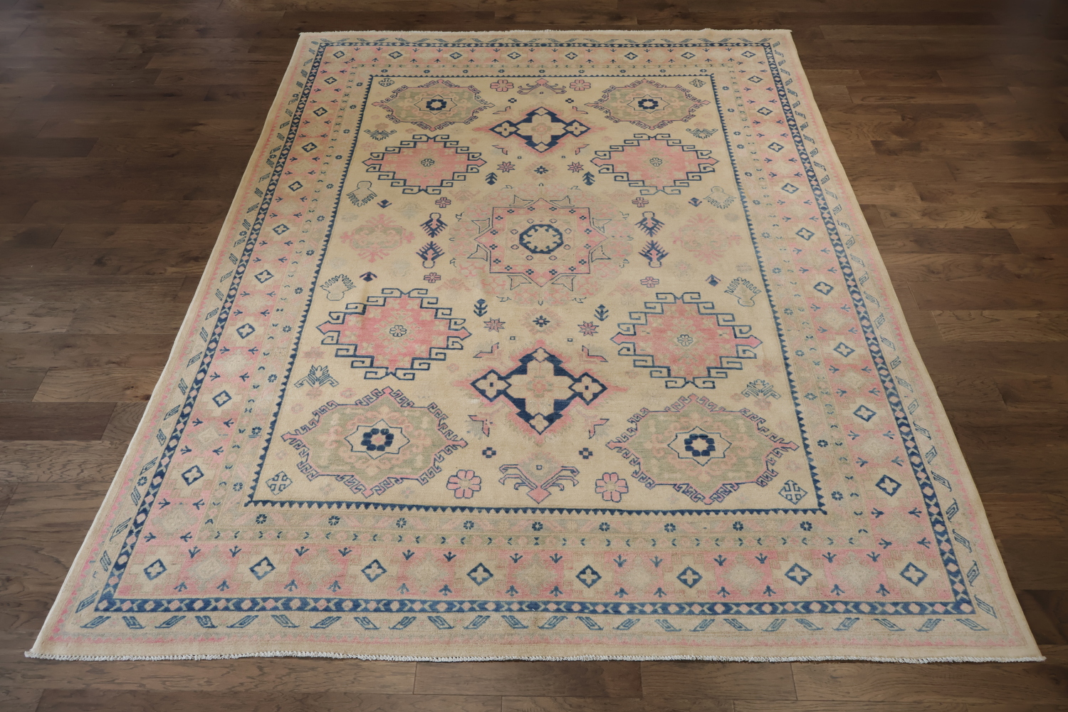 Soft Beige and Pink Geometric Kazak Pakistani Large Rug 9x12