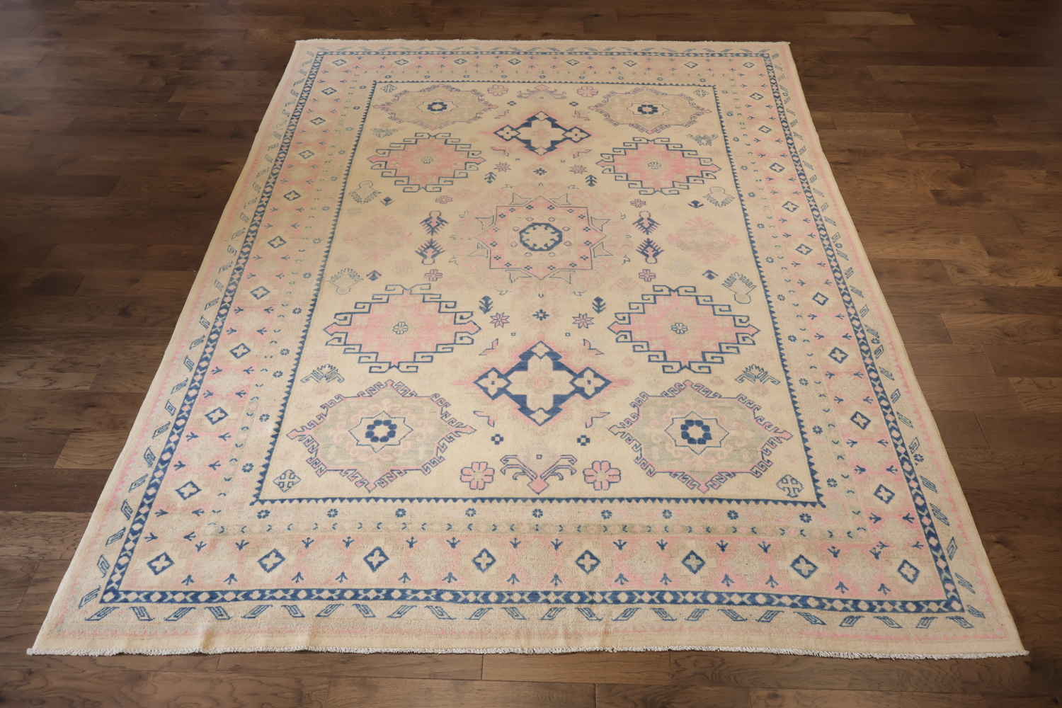 Soft Beige and Pink Geometric Kazak Pakistani Large Rug 9x12