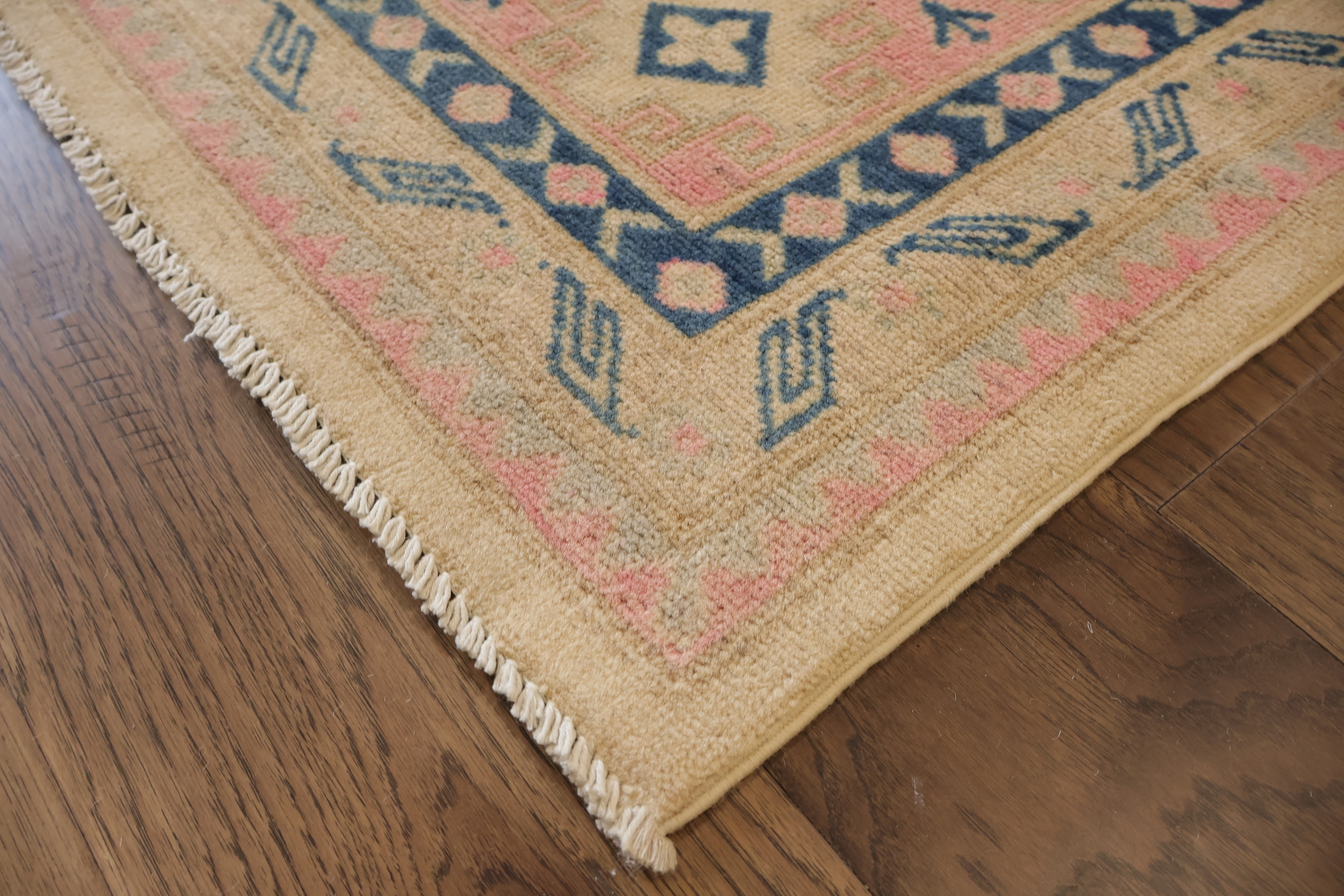Soft Beige and Pink Geometric Kazak Pakistani Large Rug 9x12