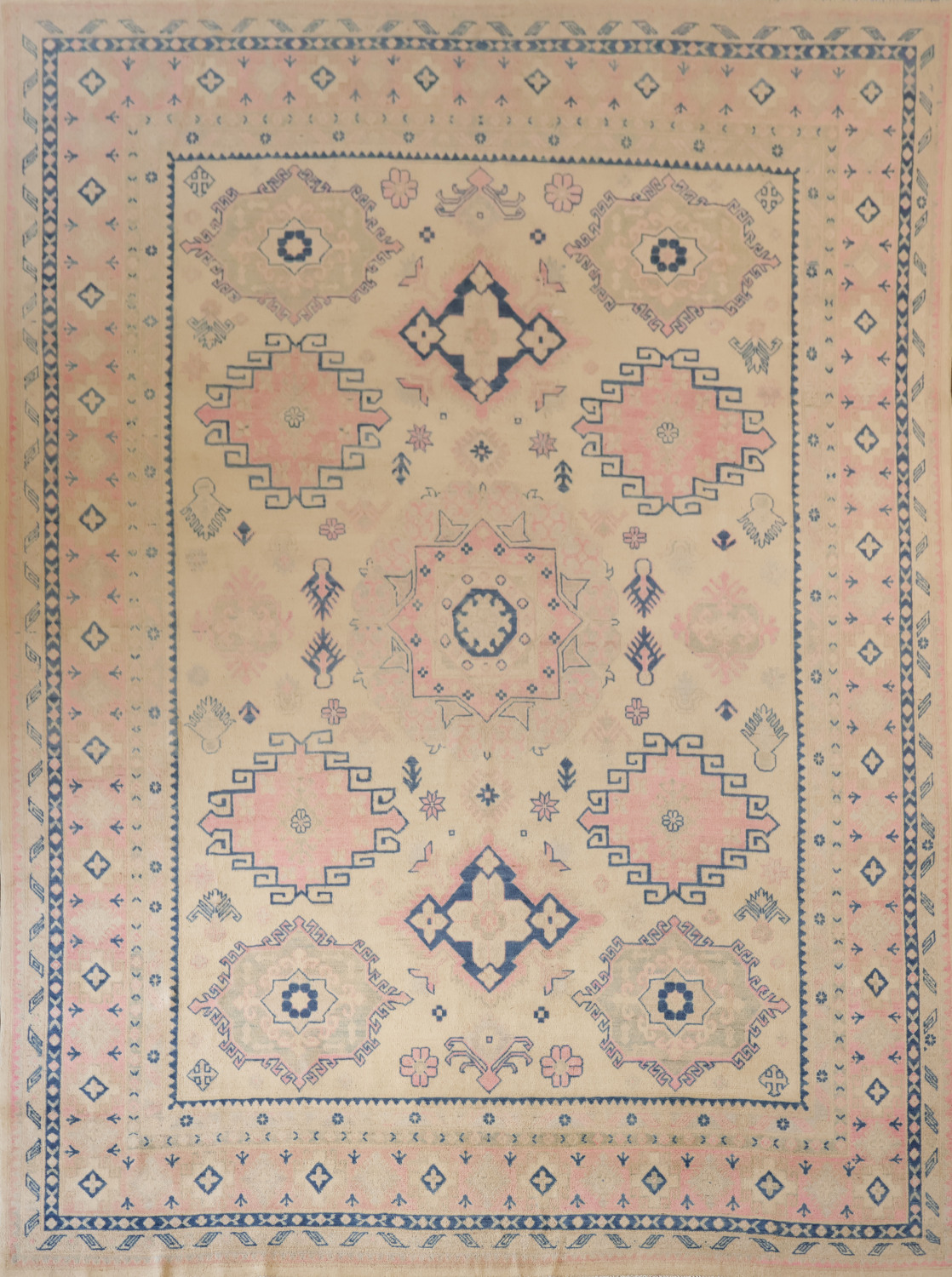 Soft Beige and Pink Geometric Kazak Pakistani Large Rug 9x12