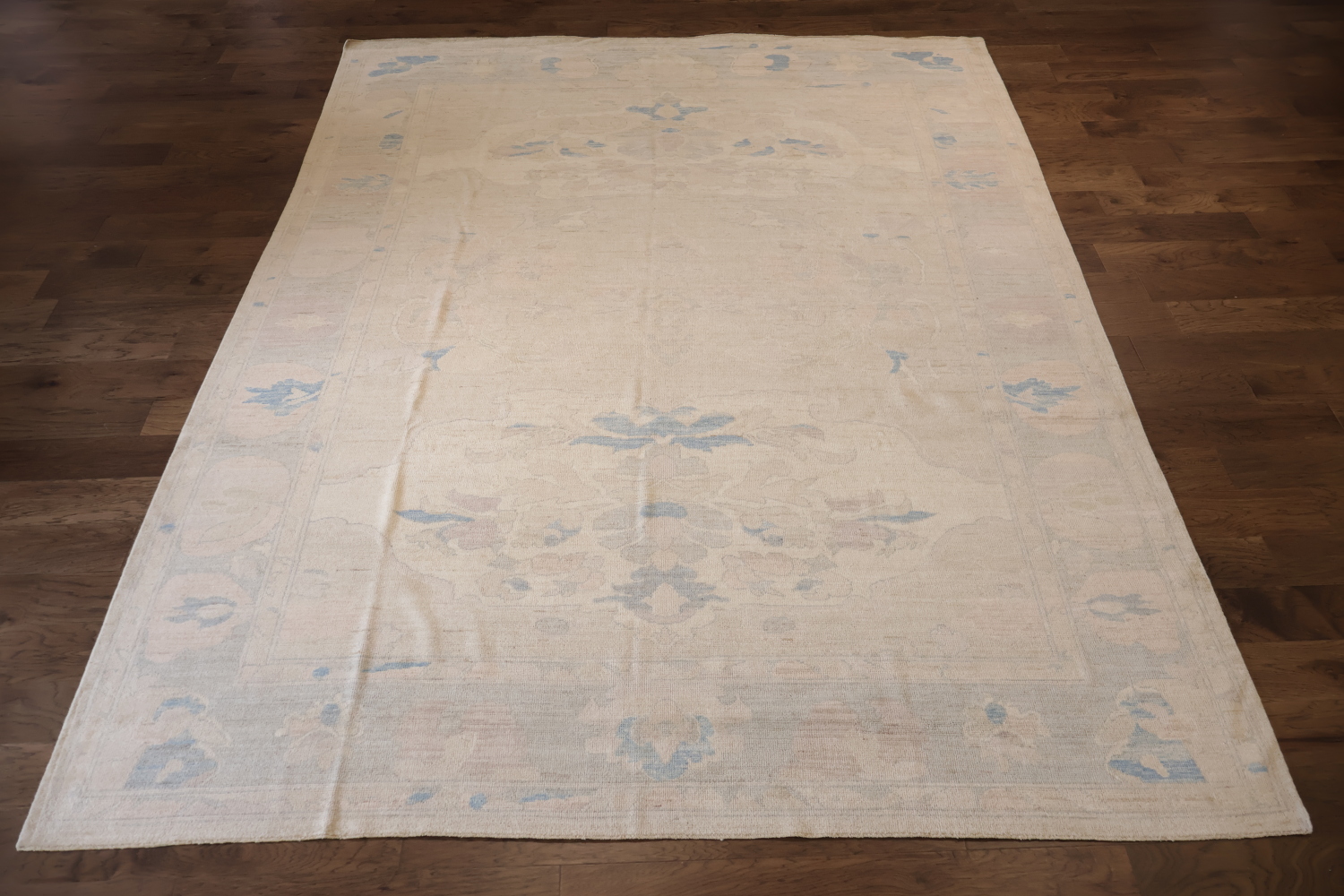 Vegetables Dye Beige and Blue Oushak Wool Rug Perfect for Minimalist Spaces 9x12