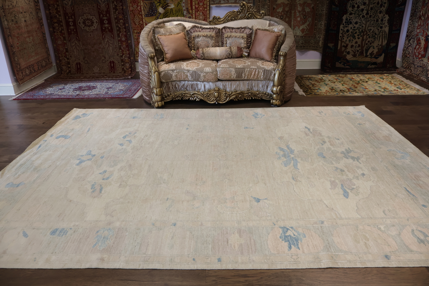Vegetables Dye Beige and Blue Oushak Wool Rug Perfect for Minimalist Spaces 9x12