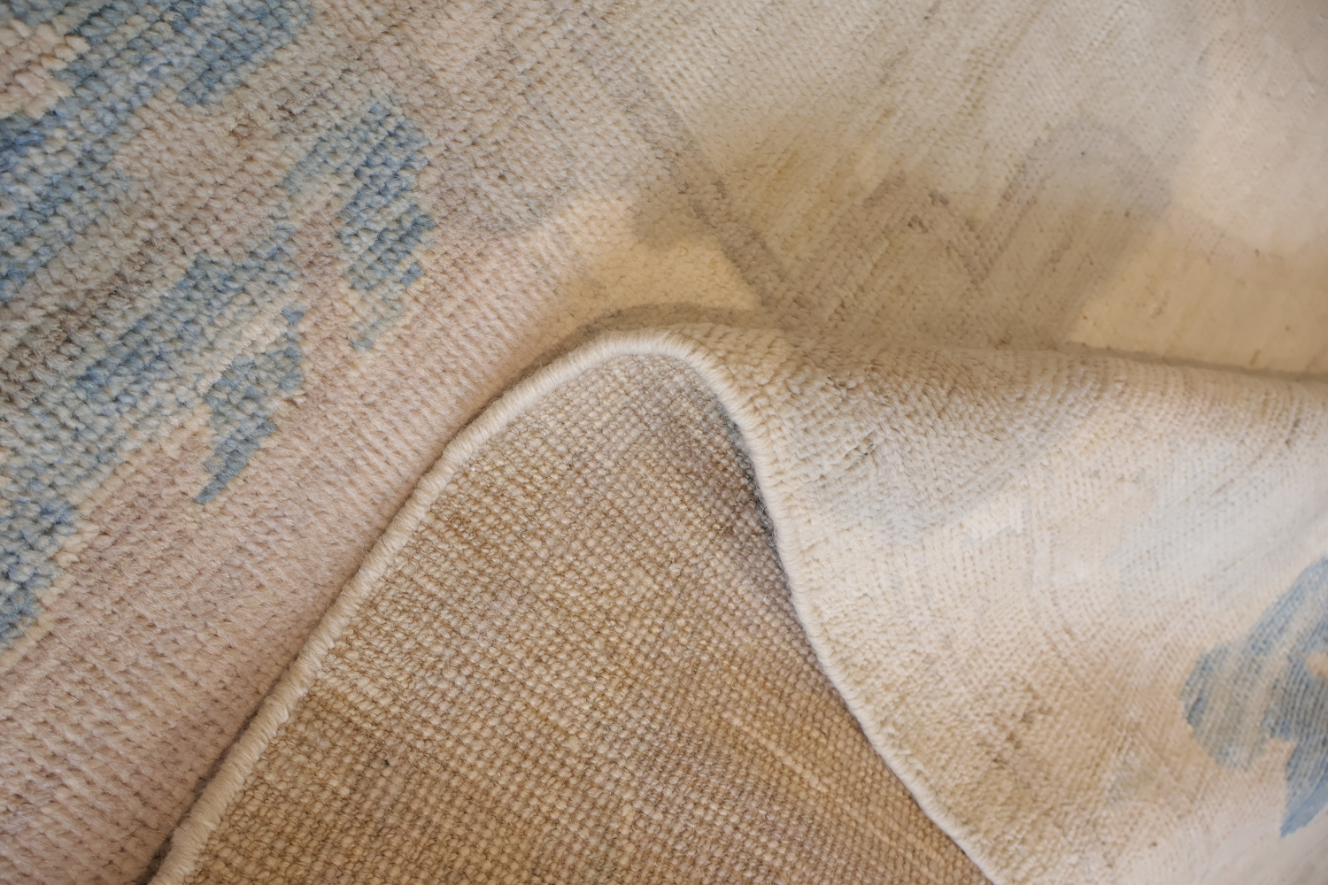 Vegetables Dye Beige and Blue Oushak Wool Rug Perfect for Minimalist Spaces 9x12