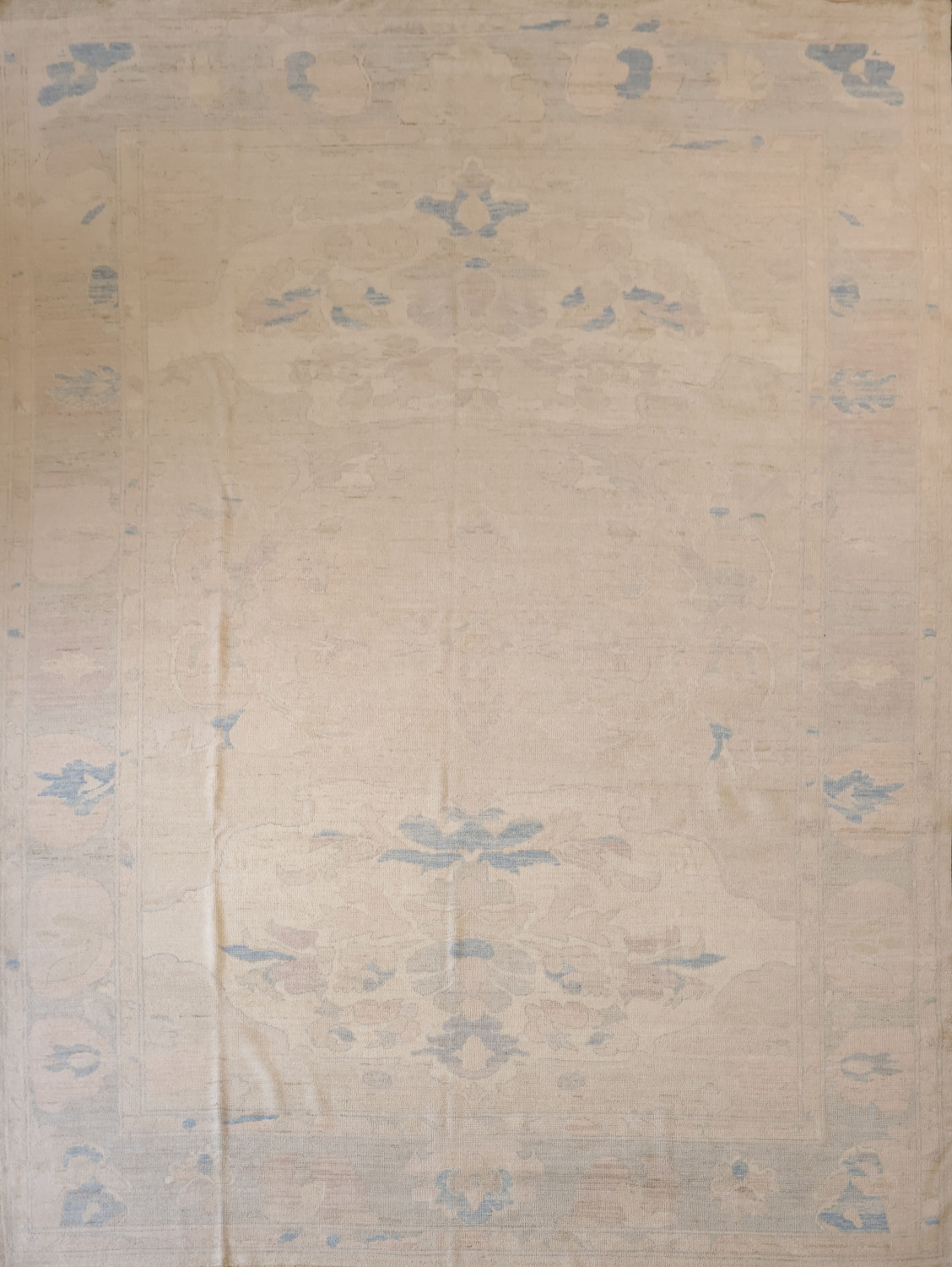 Vegetables Dye Beige and Blue Oushak Wool Rug Perfect for Minimalist Spaces 9x12