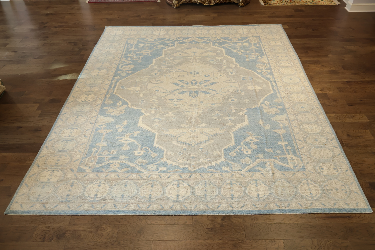 Palace Size Muted Blue Geometric Oushak Turkish Large Wool Rug 12x15
