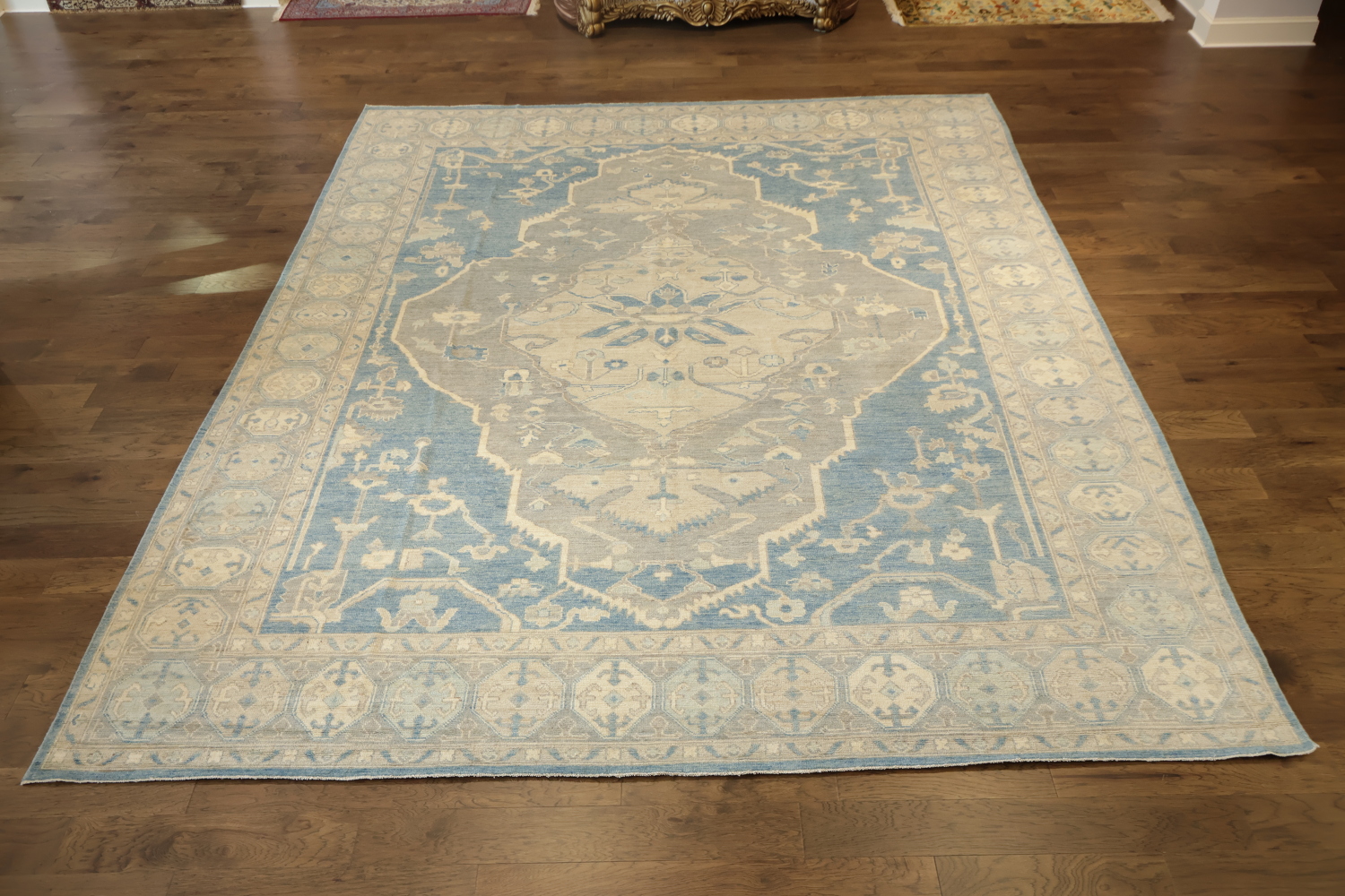 Palace Size Muted Blue Geometric Oushak Turkish Large Wool Rug 12x15