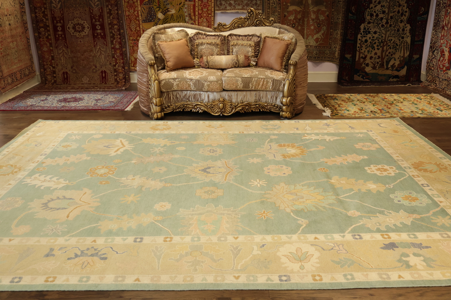 Muted Green Wool Oushak Turkish Oriental Large Rug 10x14
