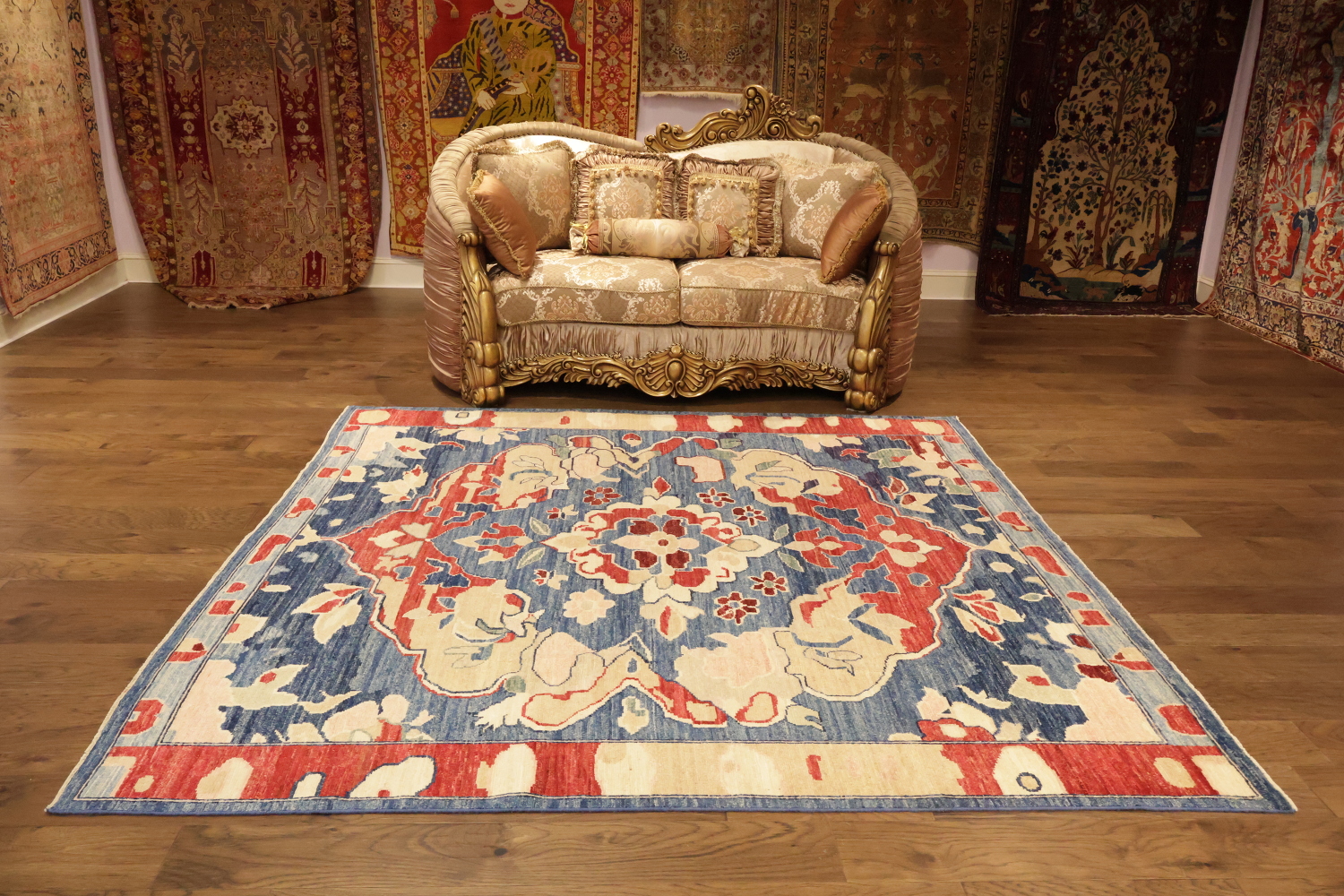 Blue Square Vegetable Dye Wool Oushak Turkish Area Rug 8x8