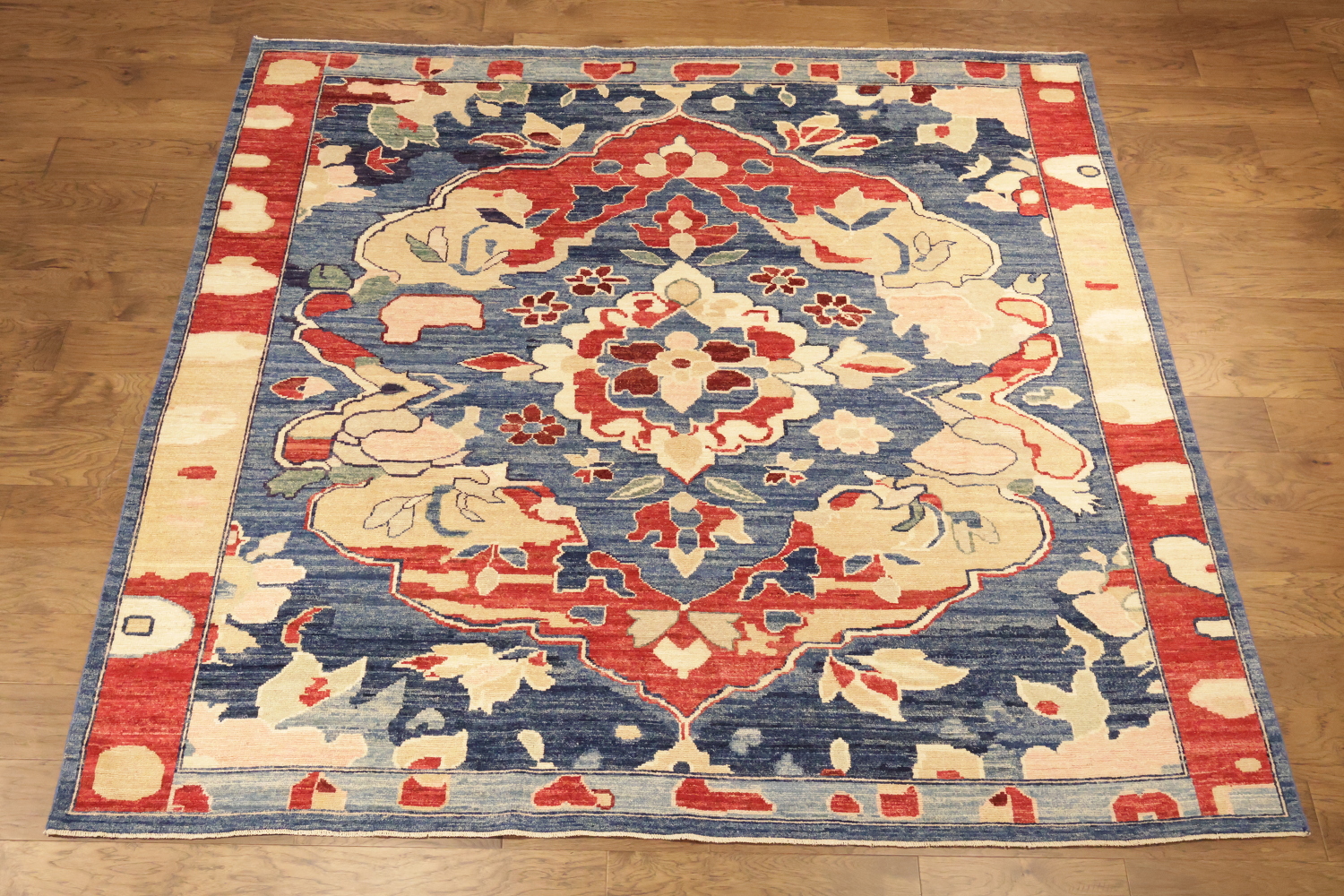 Blue Square Vegetable Dye Wool Oushak Turkish Area Rug 8x8
