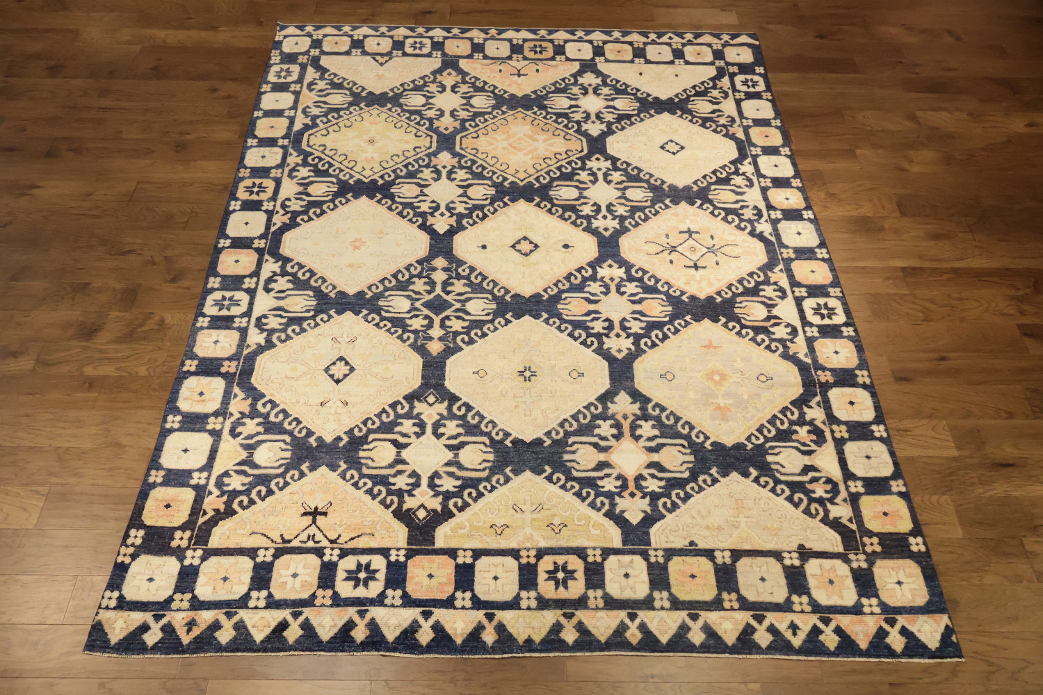 Blue Geometric Wool Oushak Turkish Area Rug 9x12