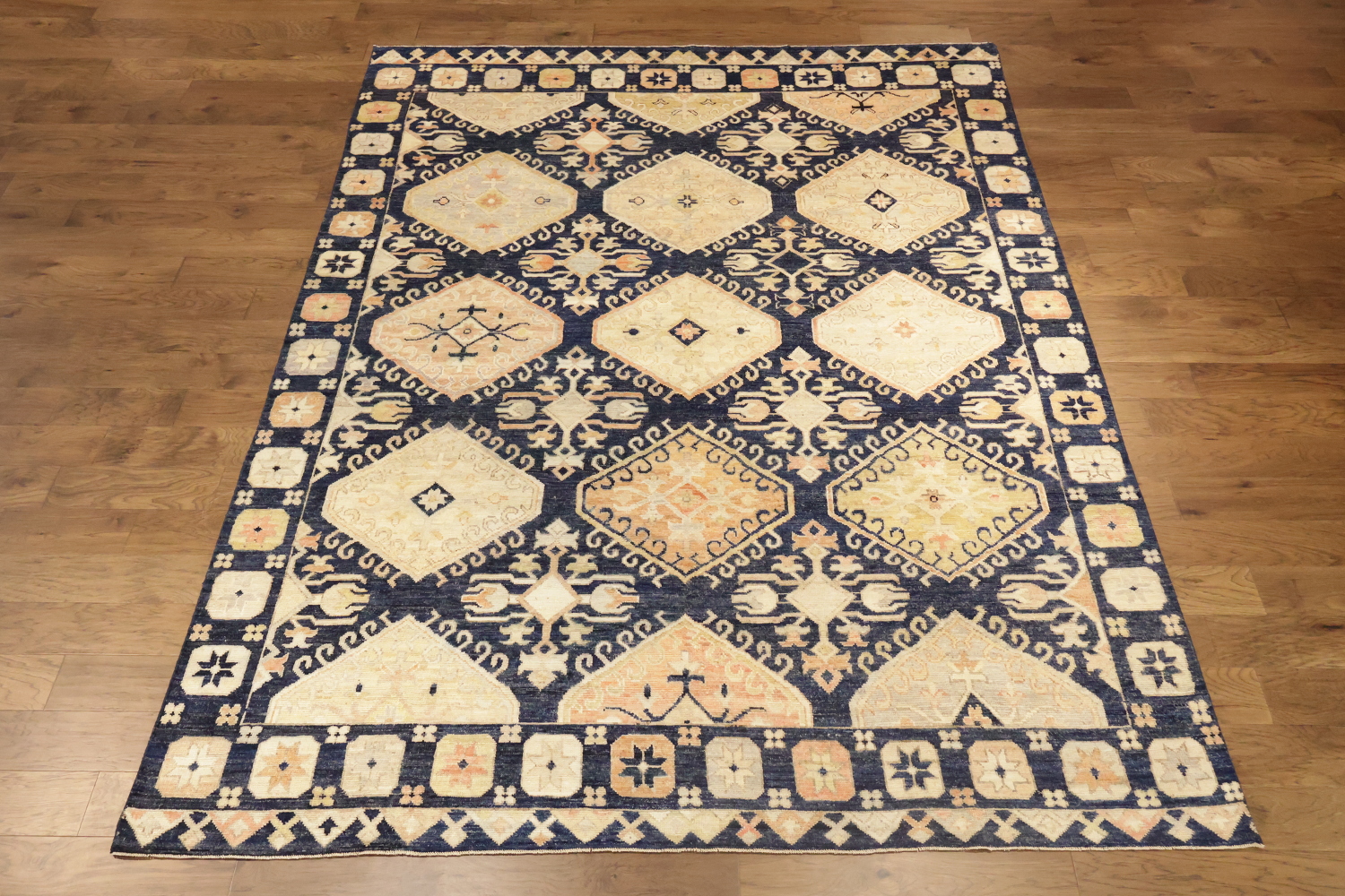 Blue Geometric Wool Oushak Turkish Area Rug 9x12
