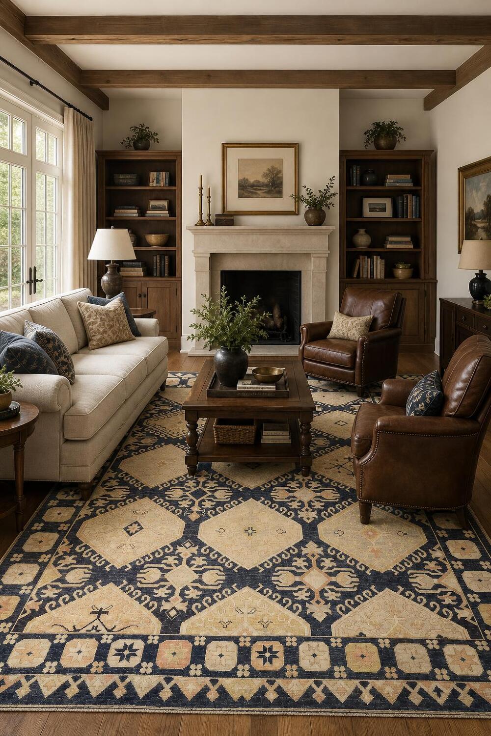 Blue Geometric Wool Oushak Turkish Area Rug 9x12