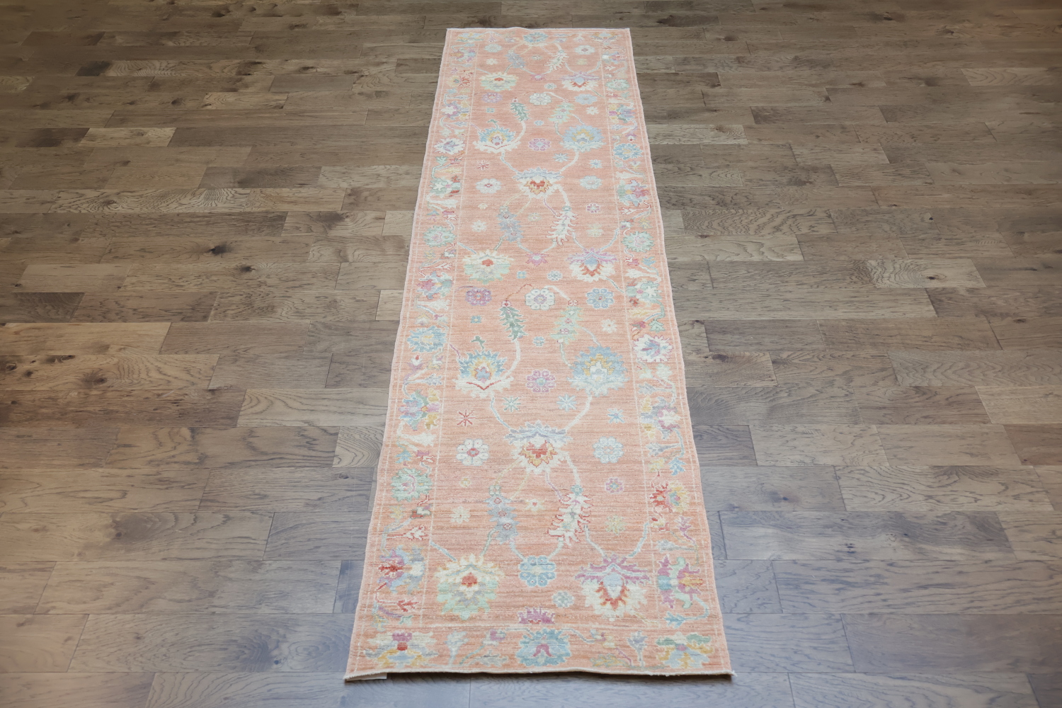 Vegetable Dye All Ove Wool Oushak Turkish Runner Rug 3x12